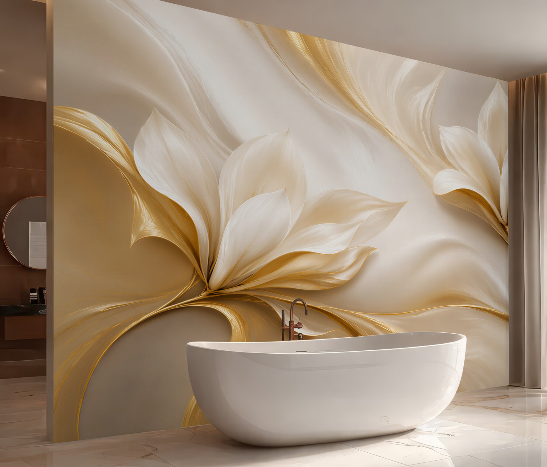 Fototapeta złote kwiaty magnolii 3D na kremowym tle elegancka?v23