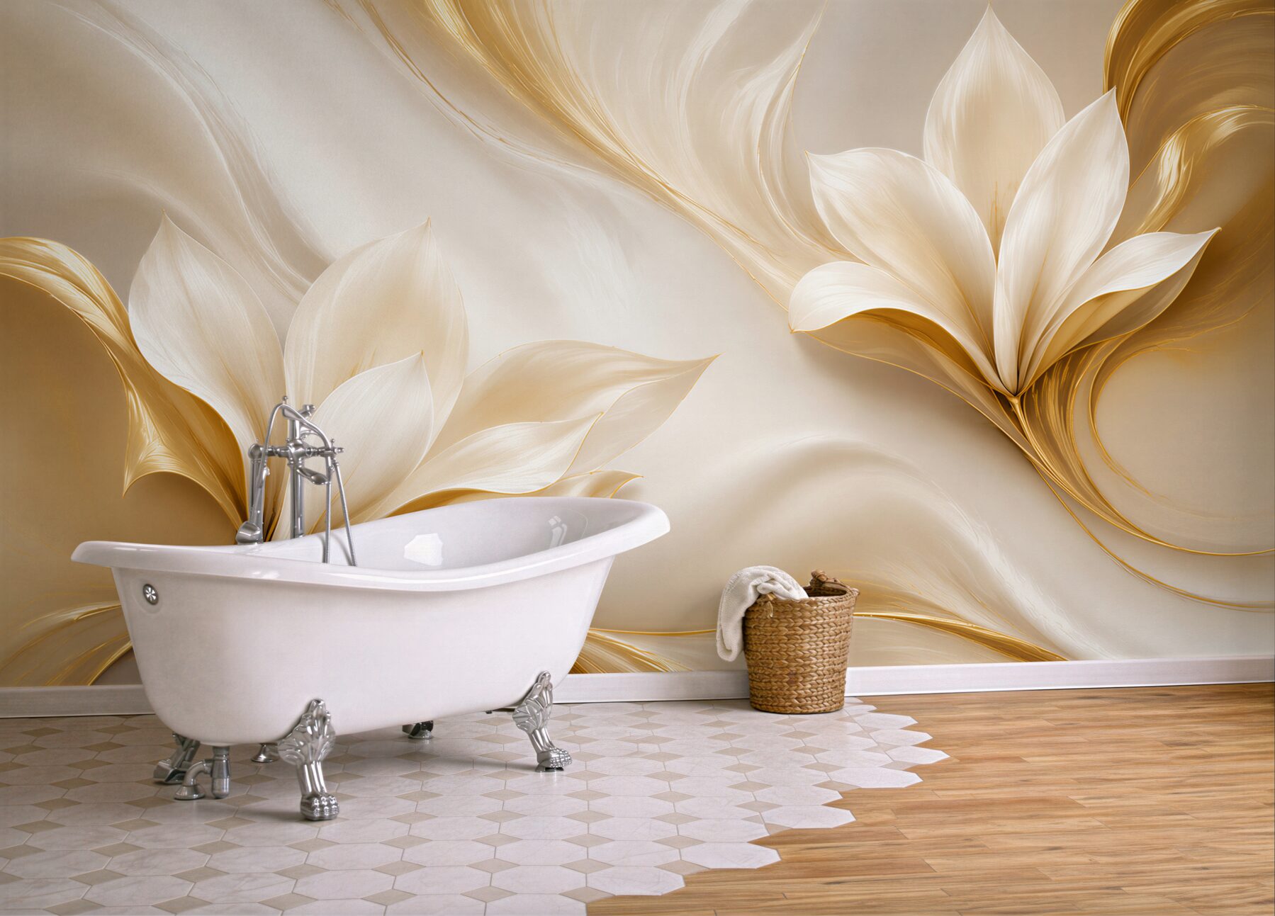 Fototapeta złote kwiaty magnolii 3D na kremowym tle elegancka?v23