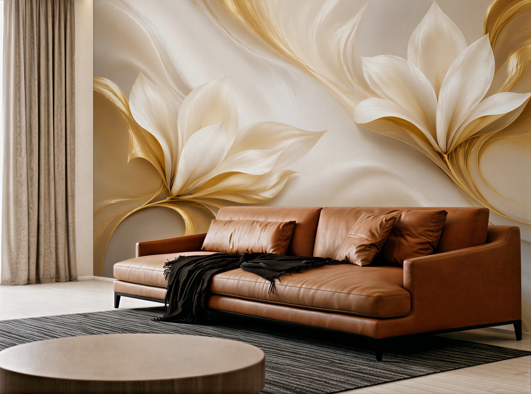 Fototapeta złote kwiaty magnolii 3D na kremowym tle elegancka?v23