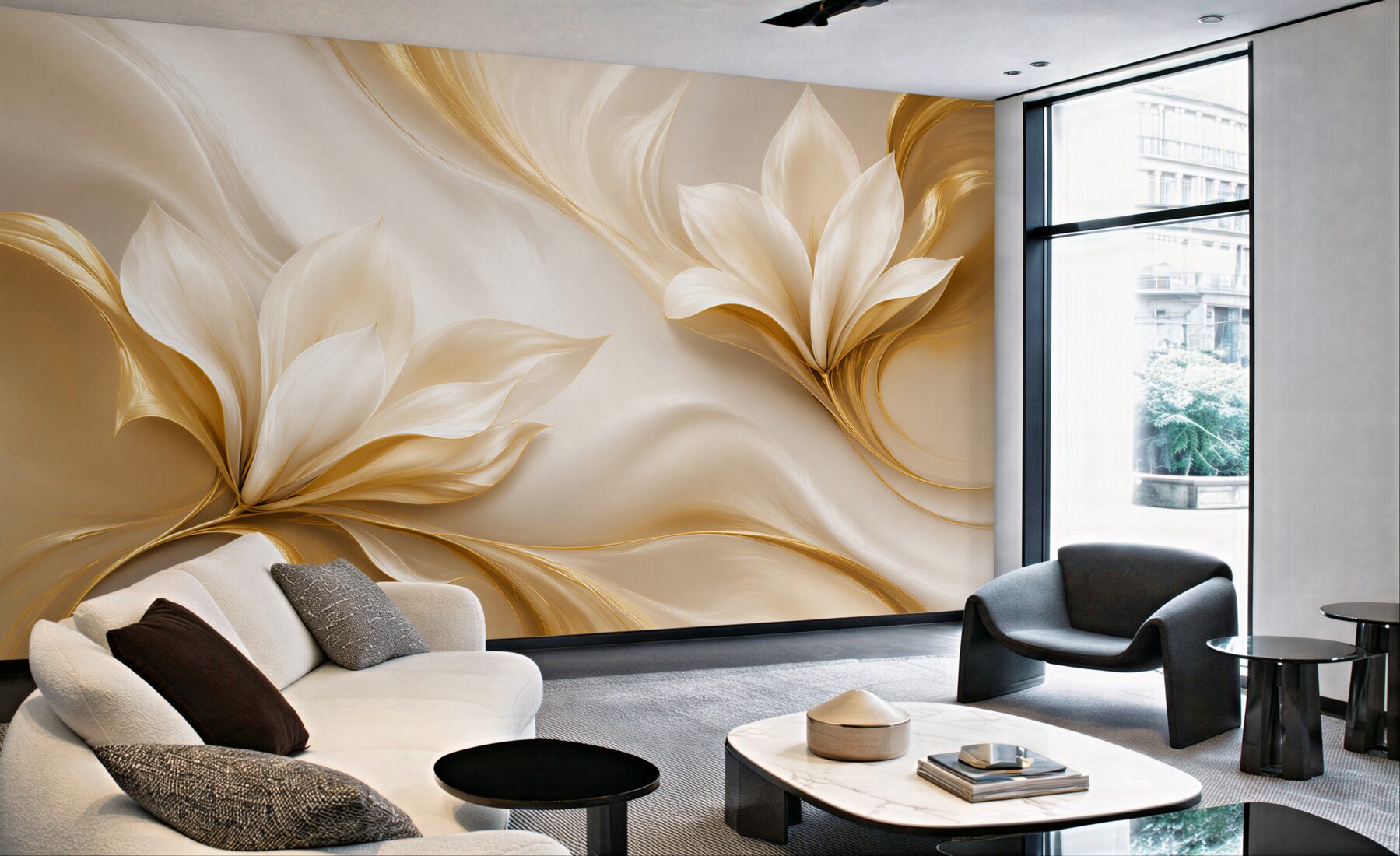 Fototapeta złote kwiaty magnolii 3D na kremowym tle elegancka?v23