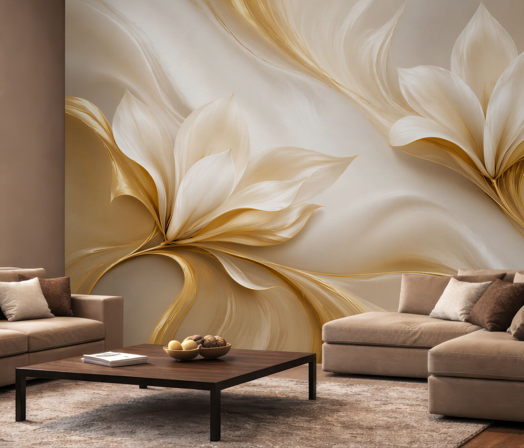 Fototapeta złote kwiaty magnolii 3D na kremowym tle elegancka?v23