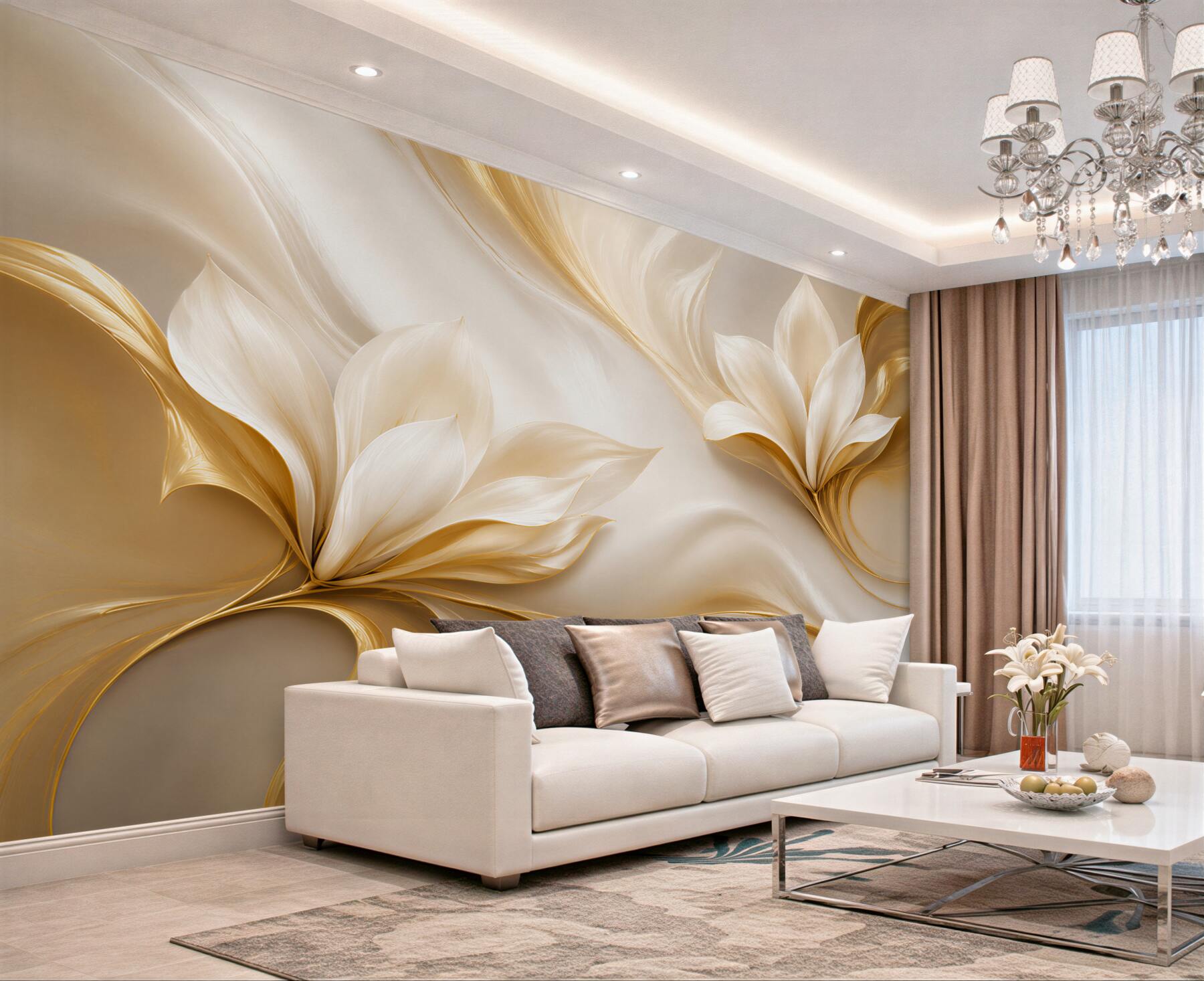 Fototapeta złote kwiaty magnolii 3D na kremowym tle elegancka?v23