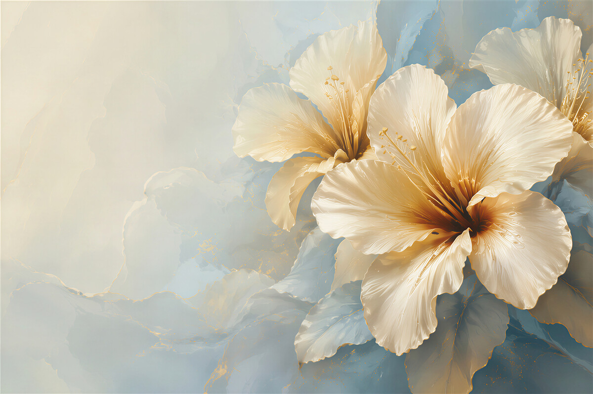 Fototapeta kremowe kwiaty hibiskusa na błękitnym tle elegancka