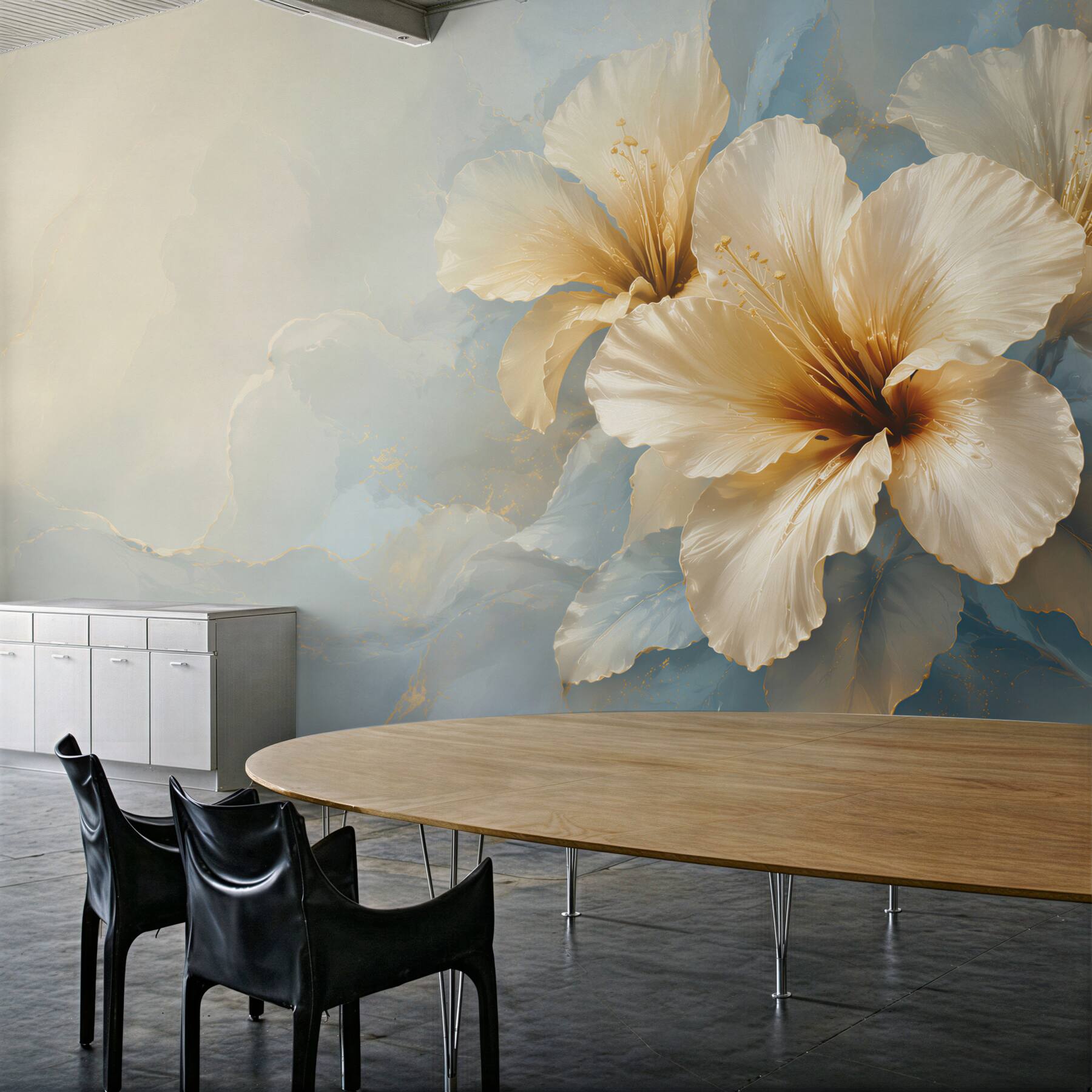 Fototapeta kremowe kwiaty hibiskusa na błękitnym tle elegancka?v23