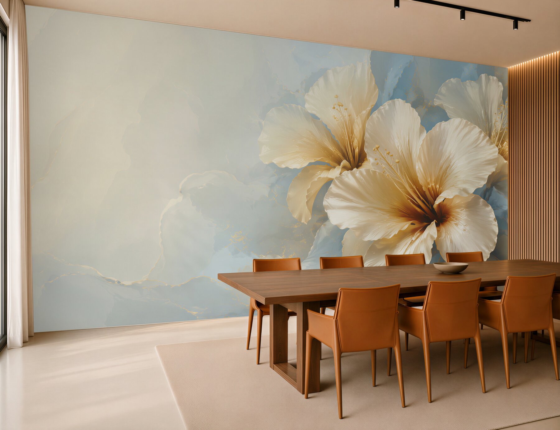 Fototapeta kremowe kwiaty hibiskusa na błękitnym tle elegancka?v23