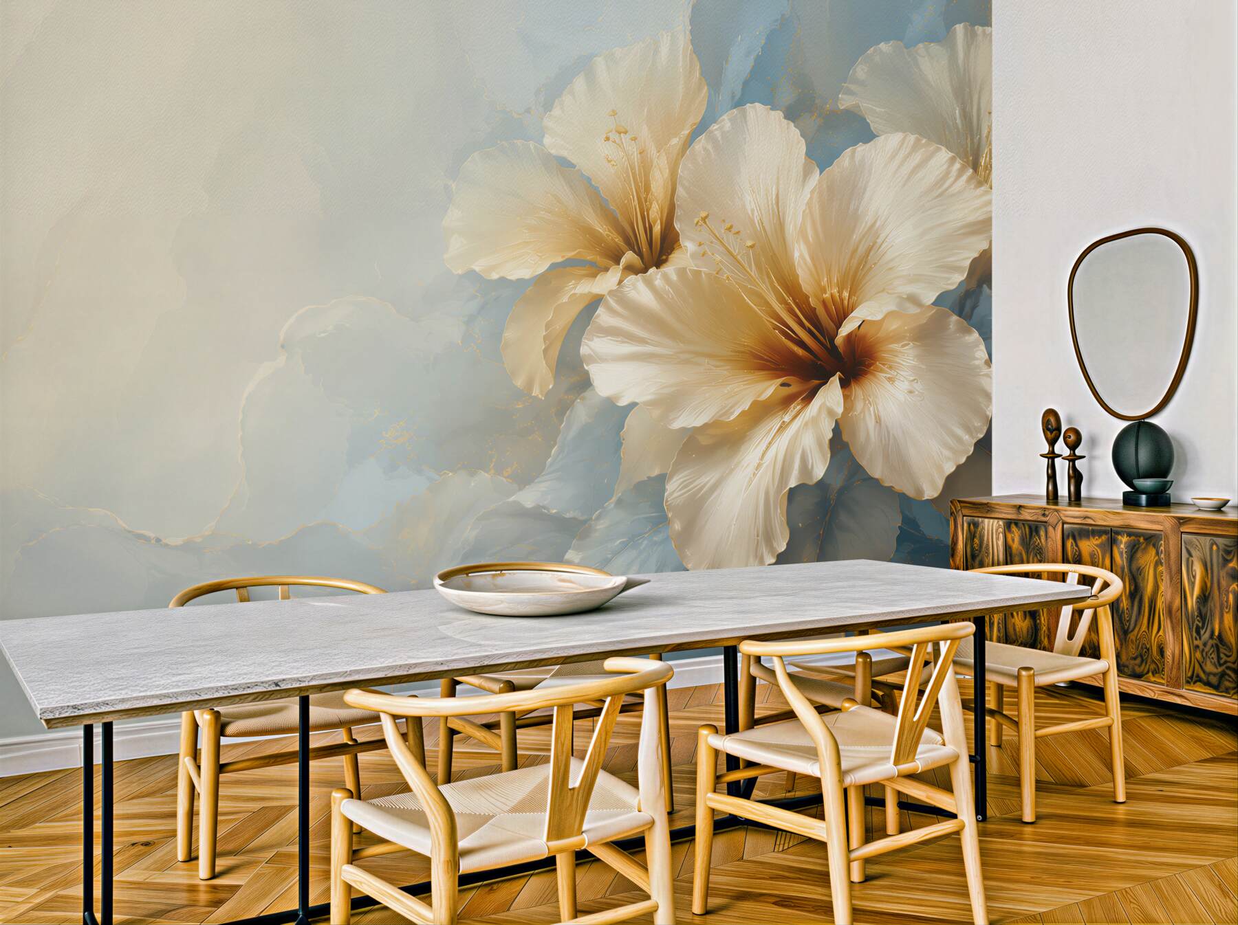 Fototapeta kremowe kwiaty hibiskusa na błękitnym tle elegancka?v23