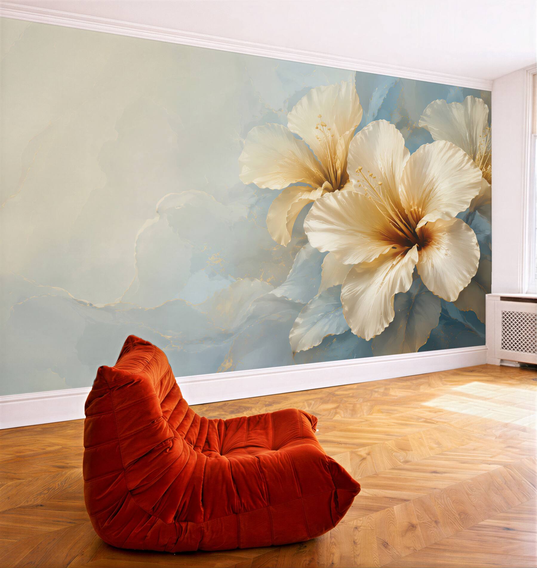 Fototapeta kremowe kwiaty hibiskusa na błękitnym tle elegancka?v23
