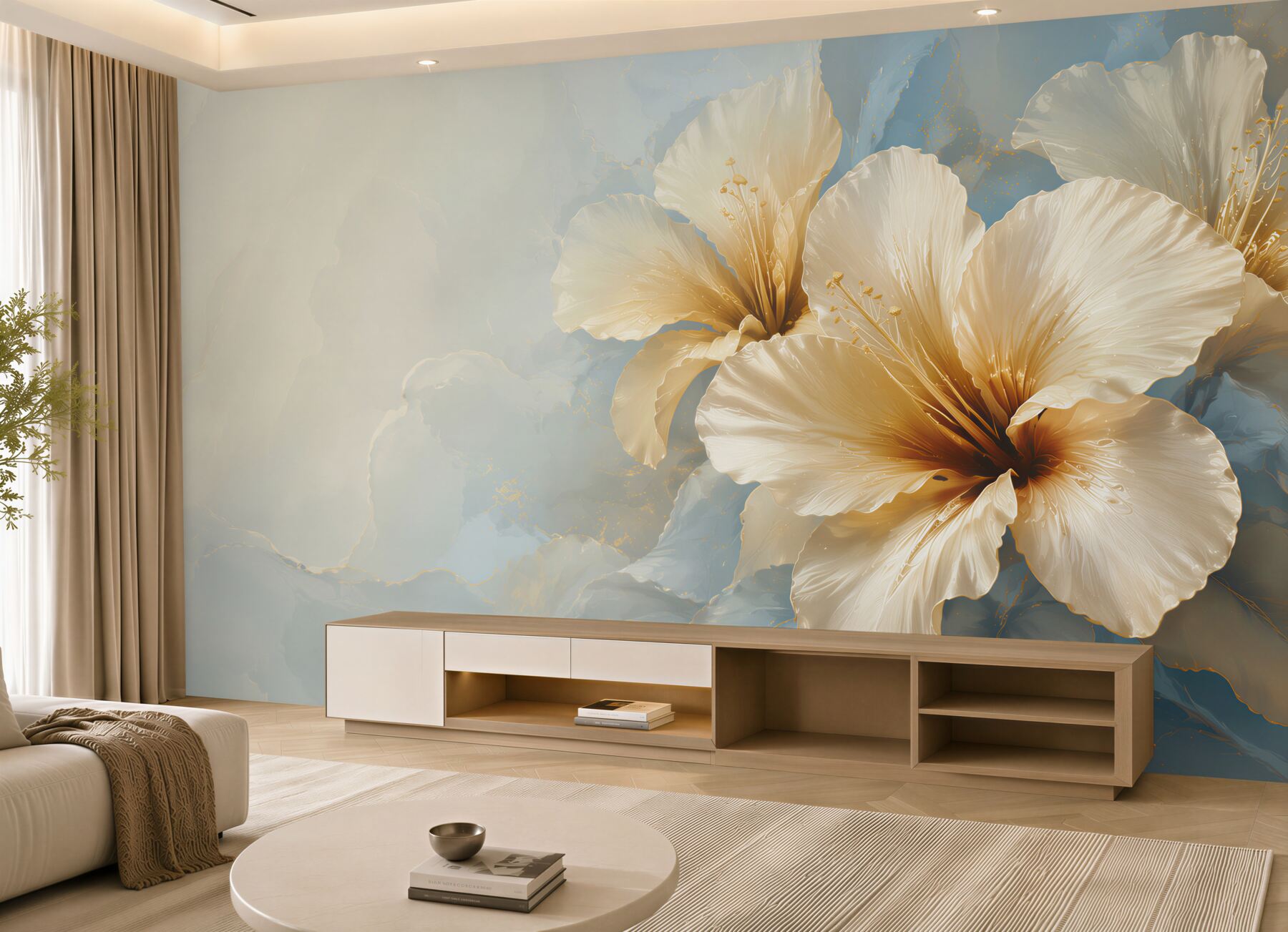 Fototapeta kremowe kwiaty hibiskusa na błękitnym tle elegancka?v23