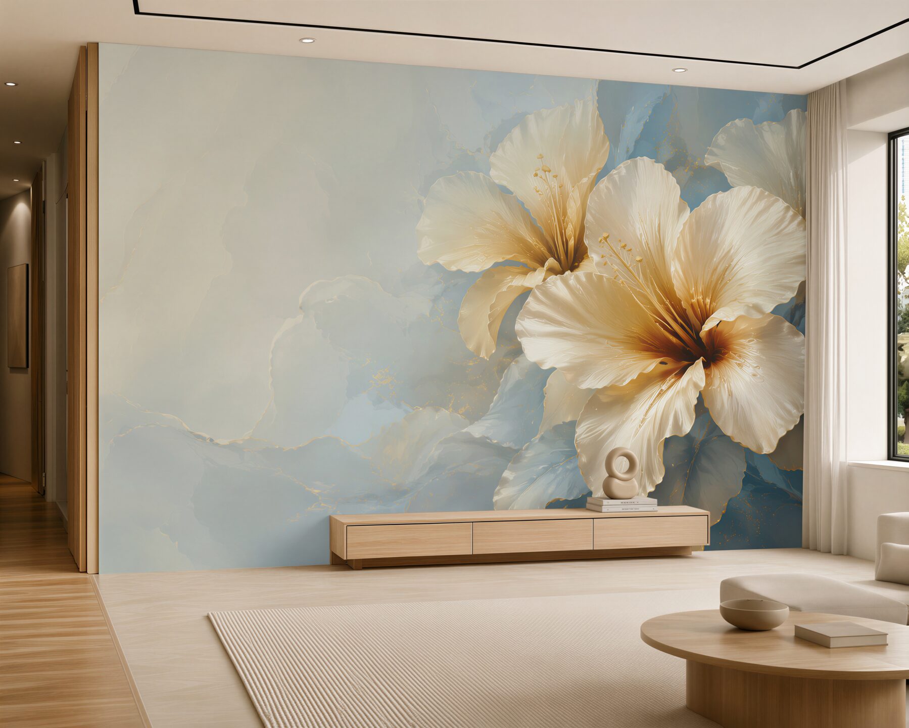 Fototapeta kremowe kwiaty hibiskusa na błękitnym tle elegancka?v23