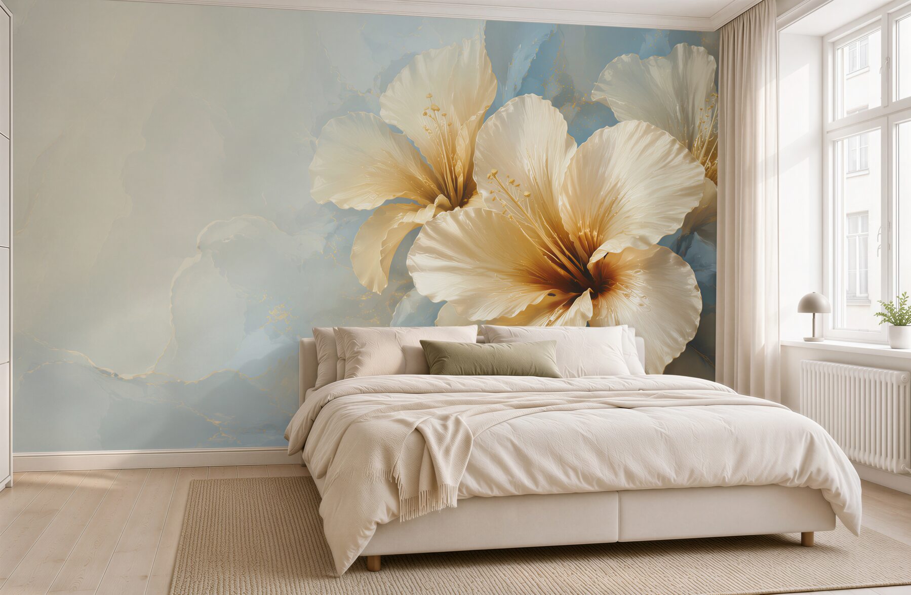 Fototapeta kremowe kwiaty hibiskusa na błękitnym tle elegancka?v23