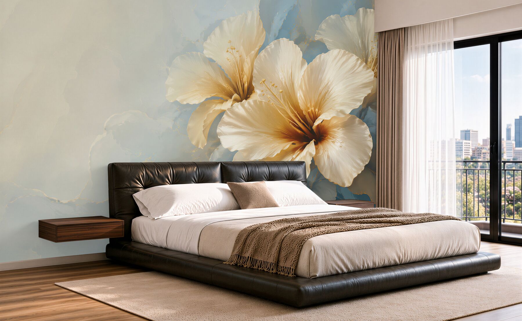 Fototapeta kremowe kwiaty hibiskusa na błękitnym tle elegancka?v23
