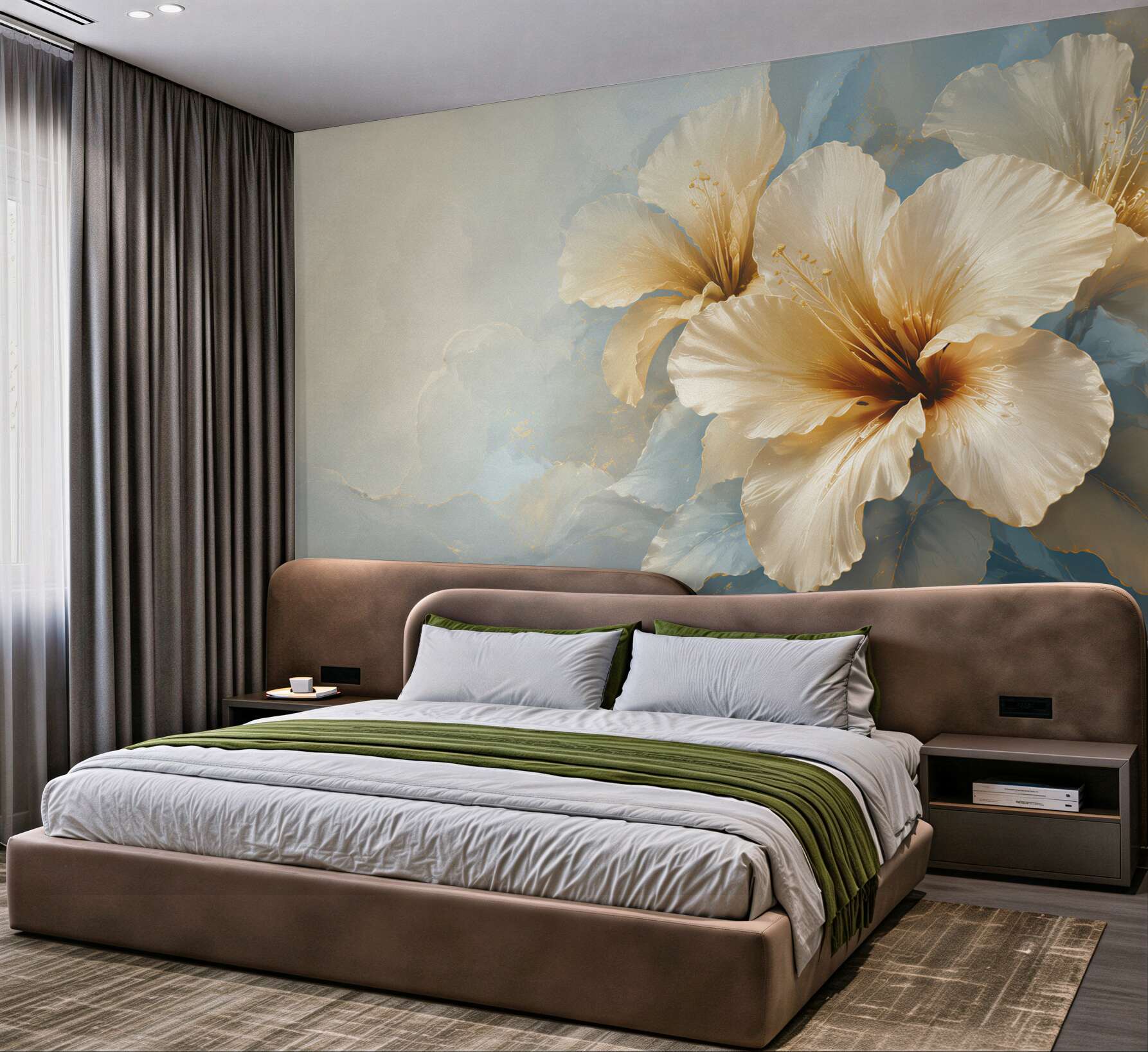 Fototapeta kremowe kwiaty hibiskusa na błękitnym tle elegancka?v23