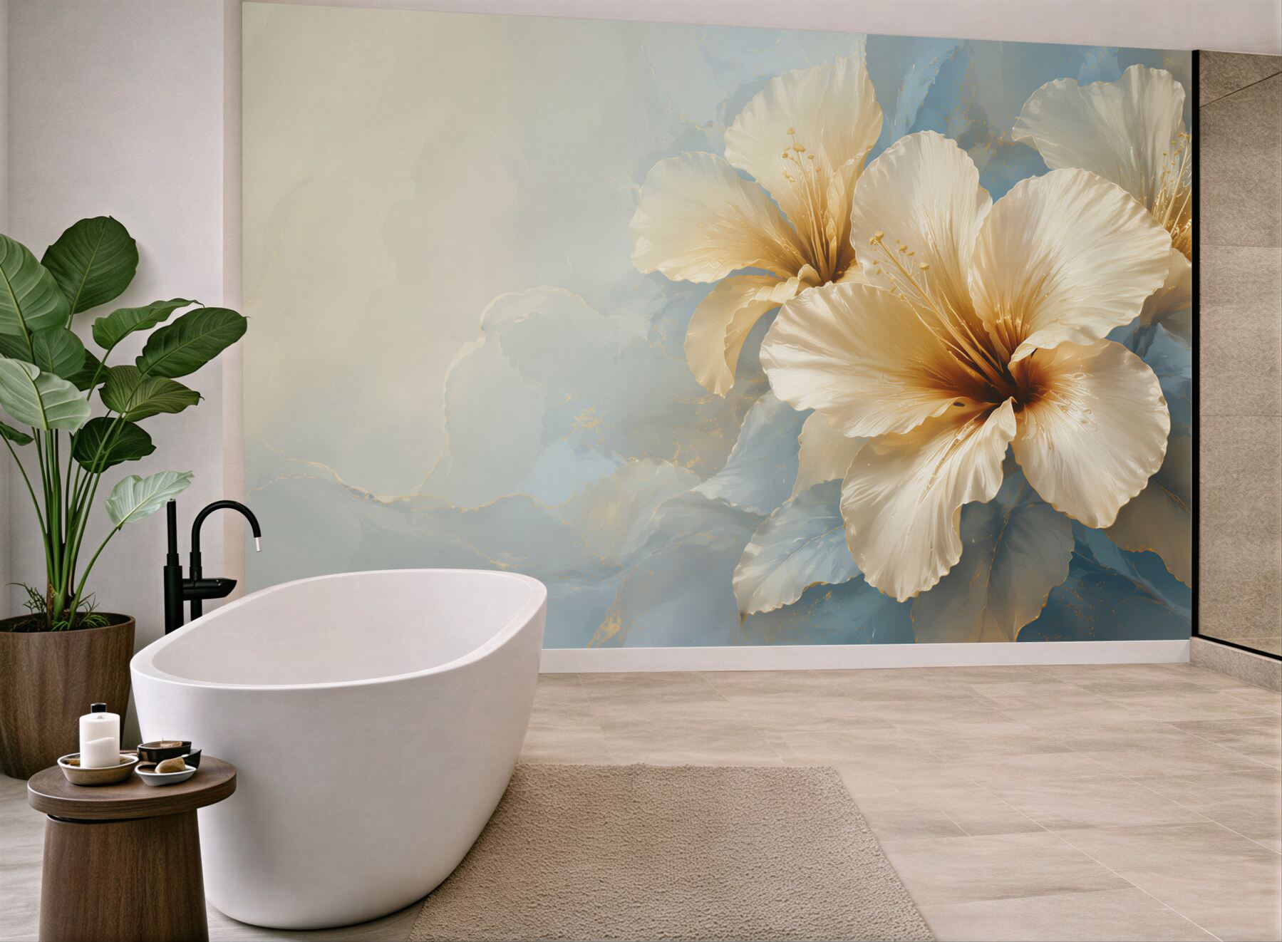 Fototapeta kremowe kwiaty hibiskusa na błękitnym tle elegancka?v23