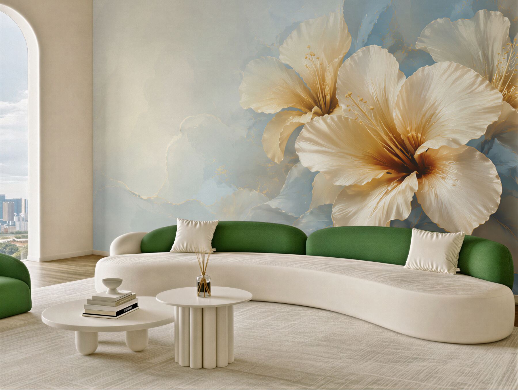 Fototapeta kremowe kwiaty hibiskusa na błękitnym tle elegancka?v23