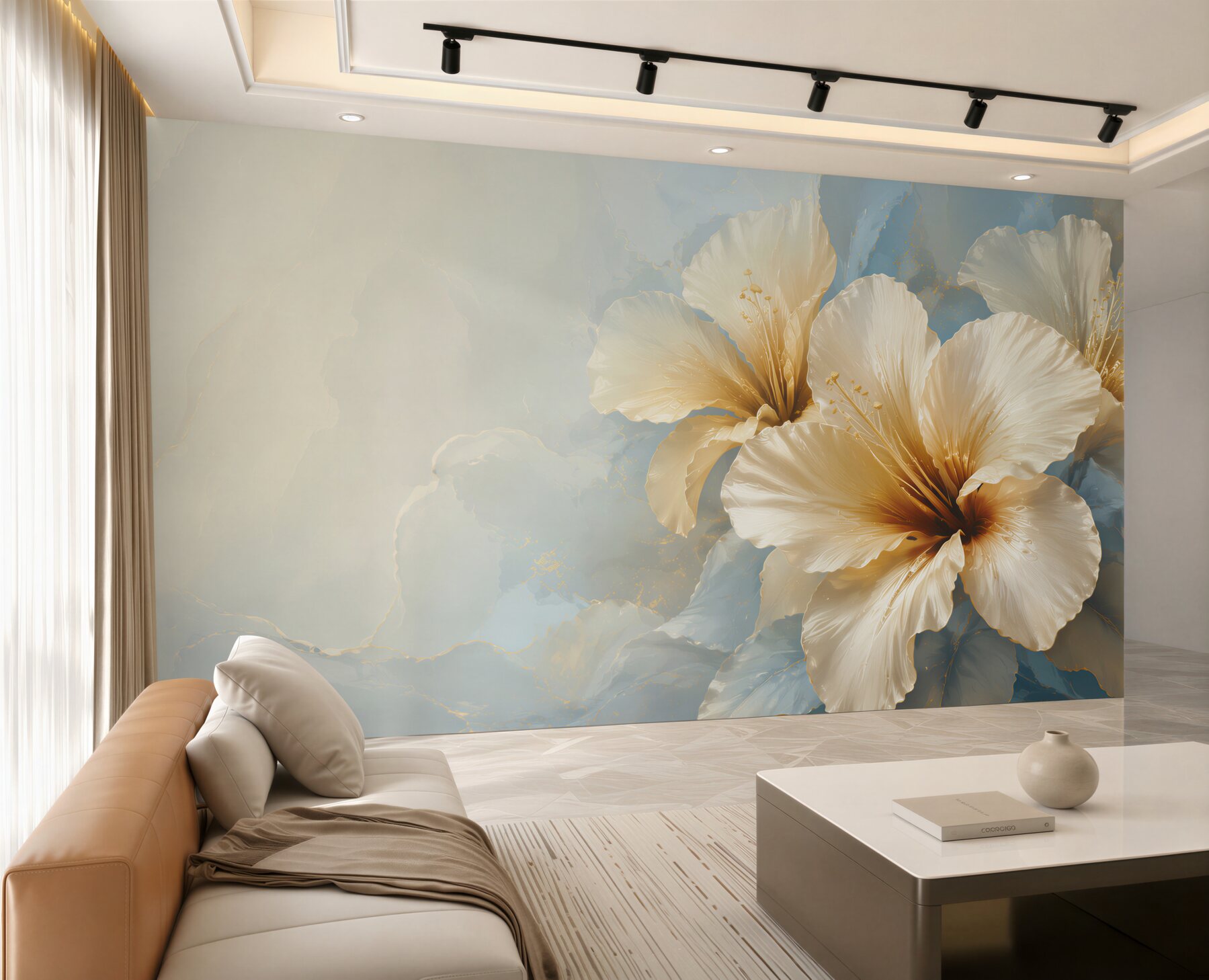 Fototapeta kremowe kwiaty hibiskusa na błękitnym tle elegancka?v23