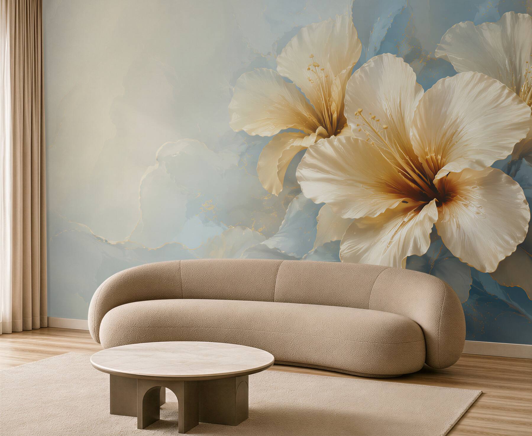 Fototapeta kremowe kwiaty hibiskusa na błękitnym tle elegancka?v23