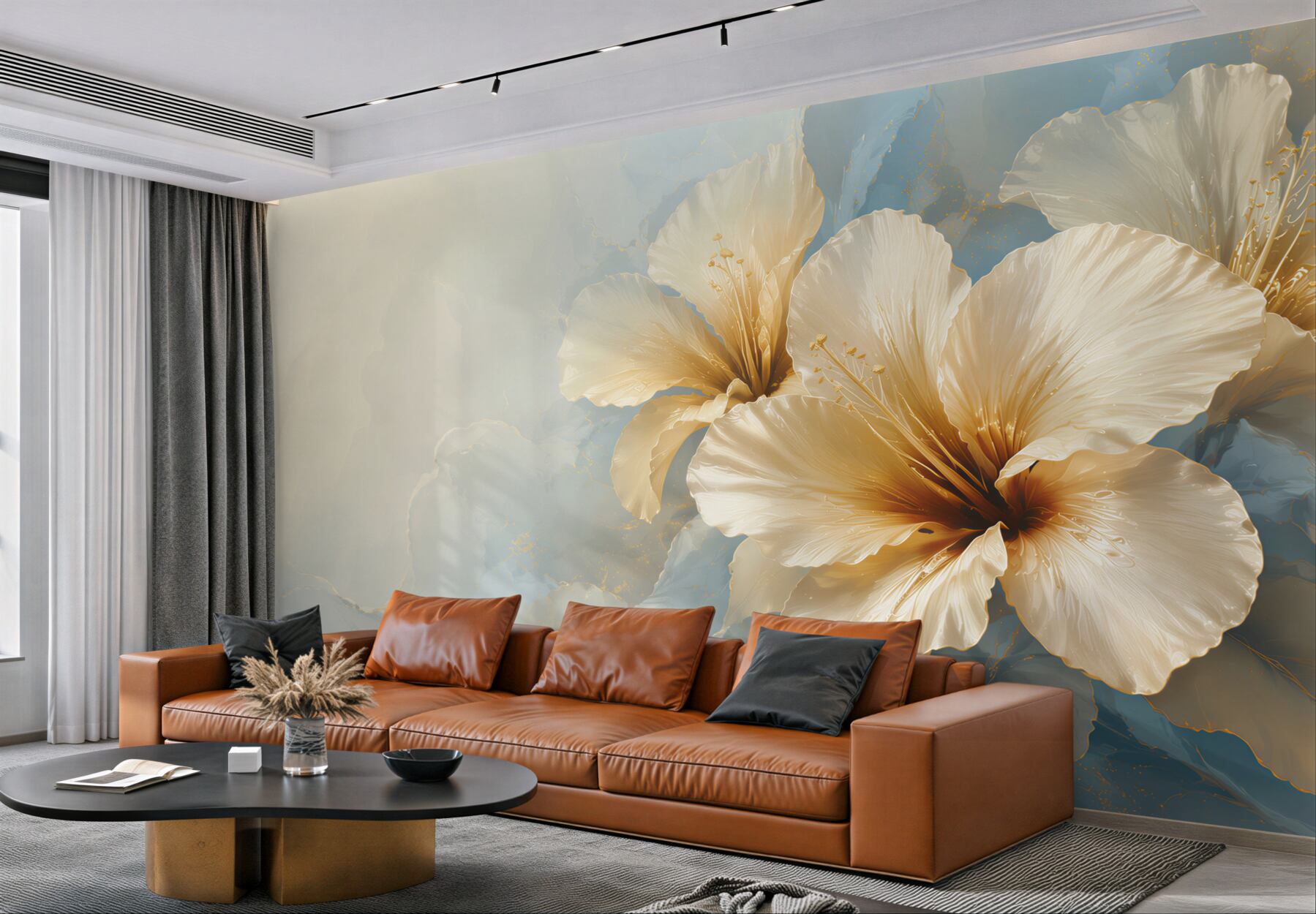Fototapeta kremowe kwiaty hibiskusa na błękitnym tle elegancka?v23