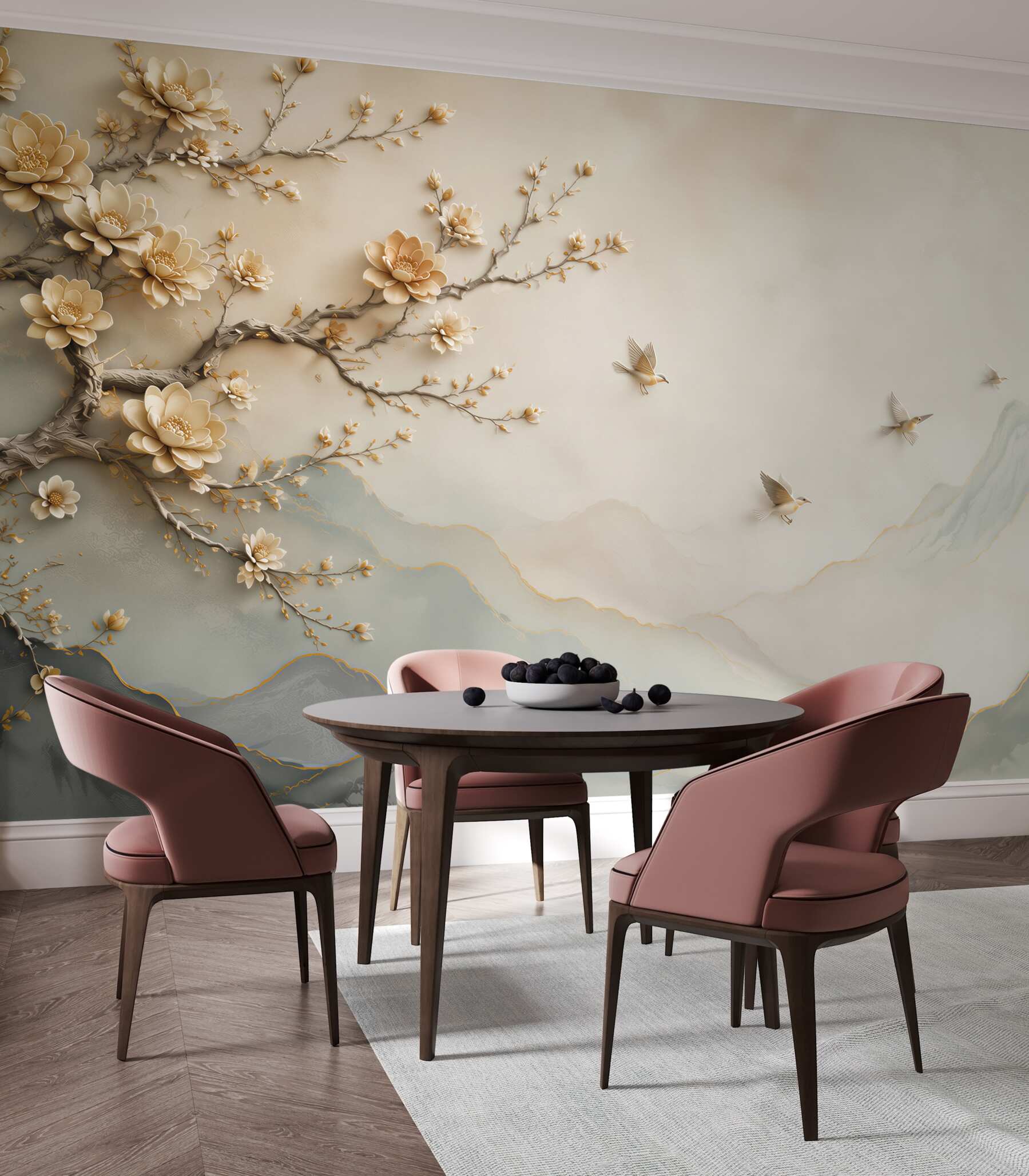 Fototapeta kwitnąca magnolia z ptakami i mglistymi górami w beżowych tonach?v23