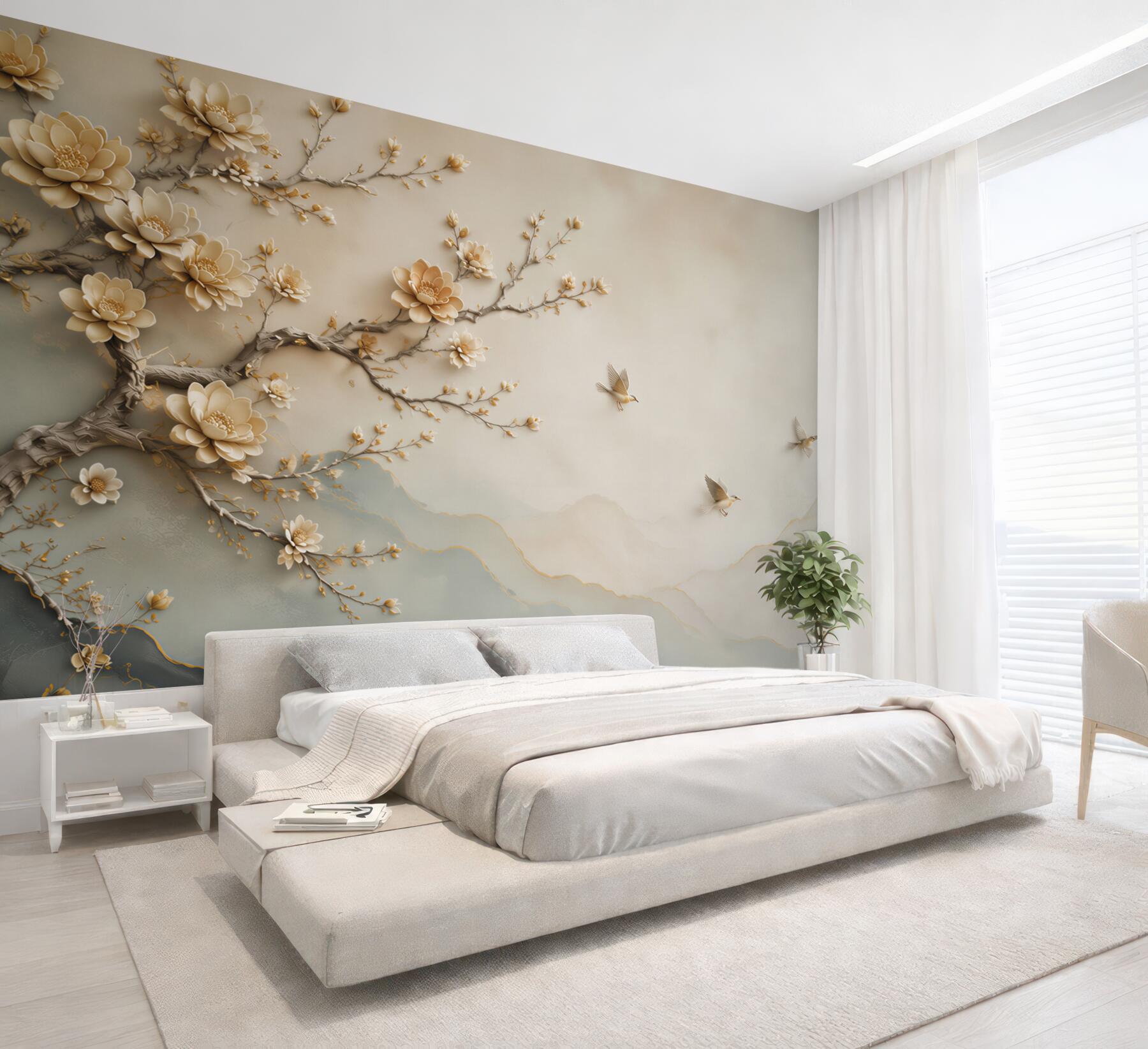 Fototapeta kwitnąca magnolia z ptakami i mglistymi górami w beżowych tonach?v23