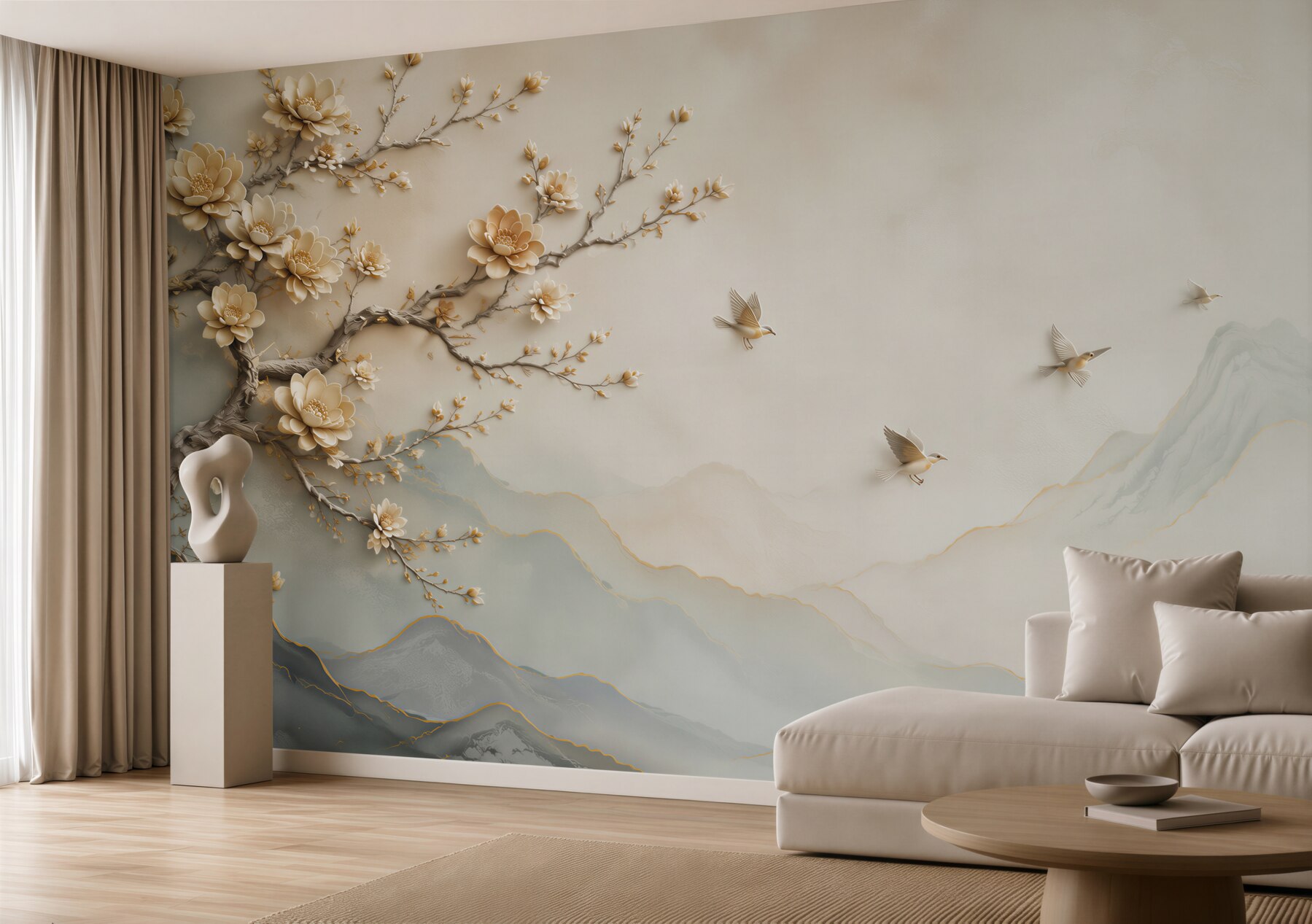 Fototapeta kwitnąca magnolia z ptakami i mglistymi górami w beżowych tonach?v23