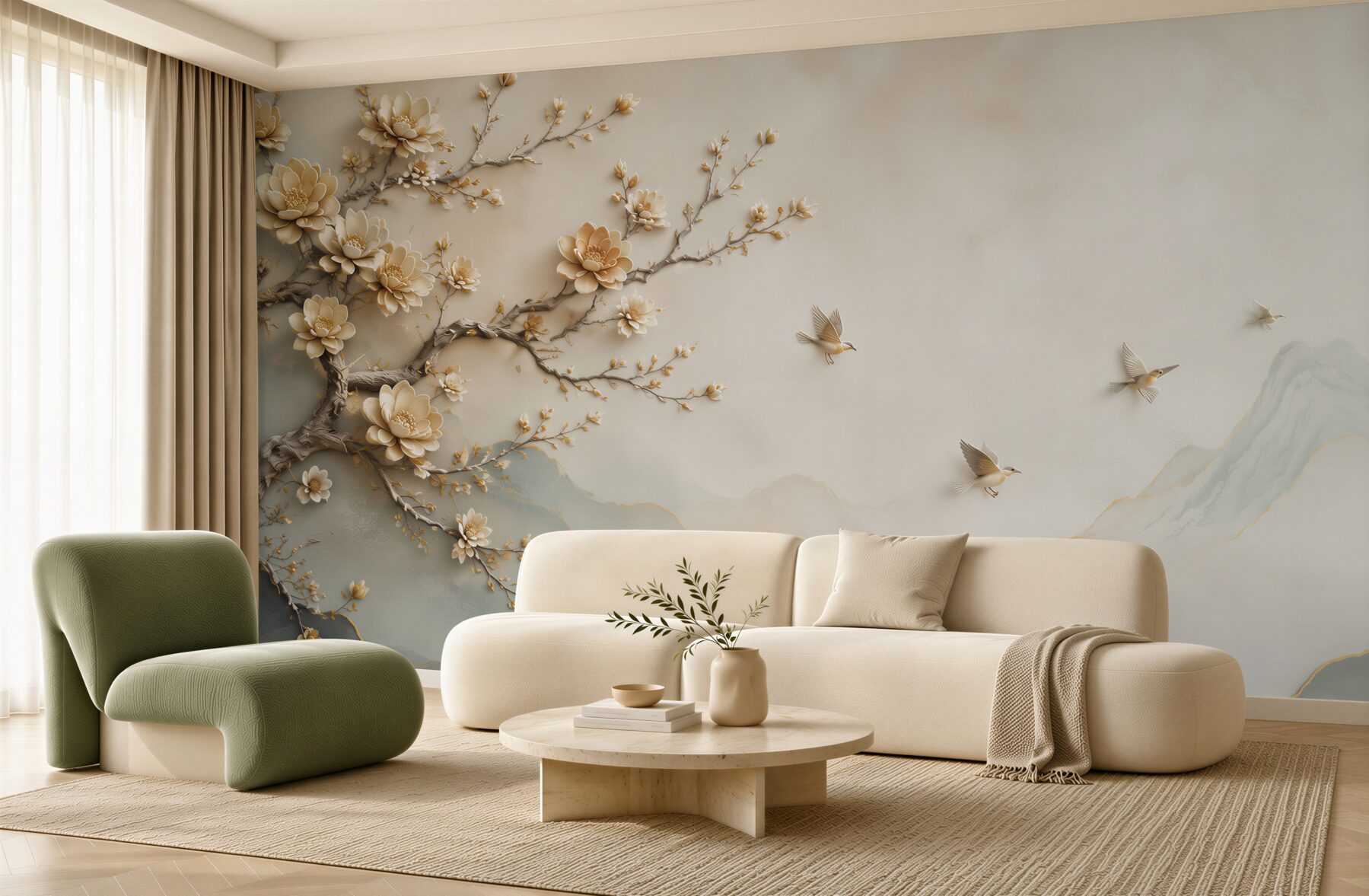 Fototapeta kwitnąca magnolia z ptakami i mglistymi górami w beżowych tonach?v23