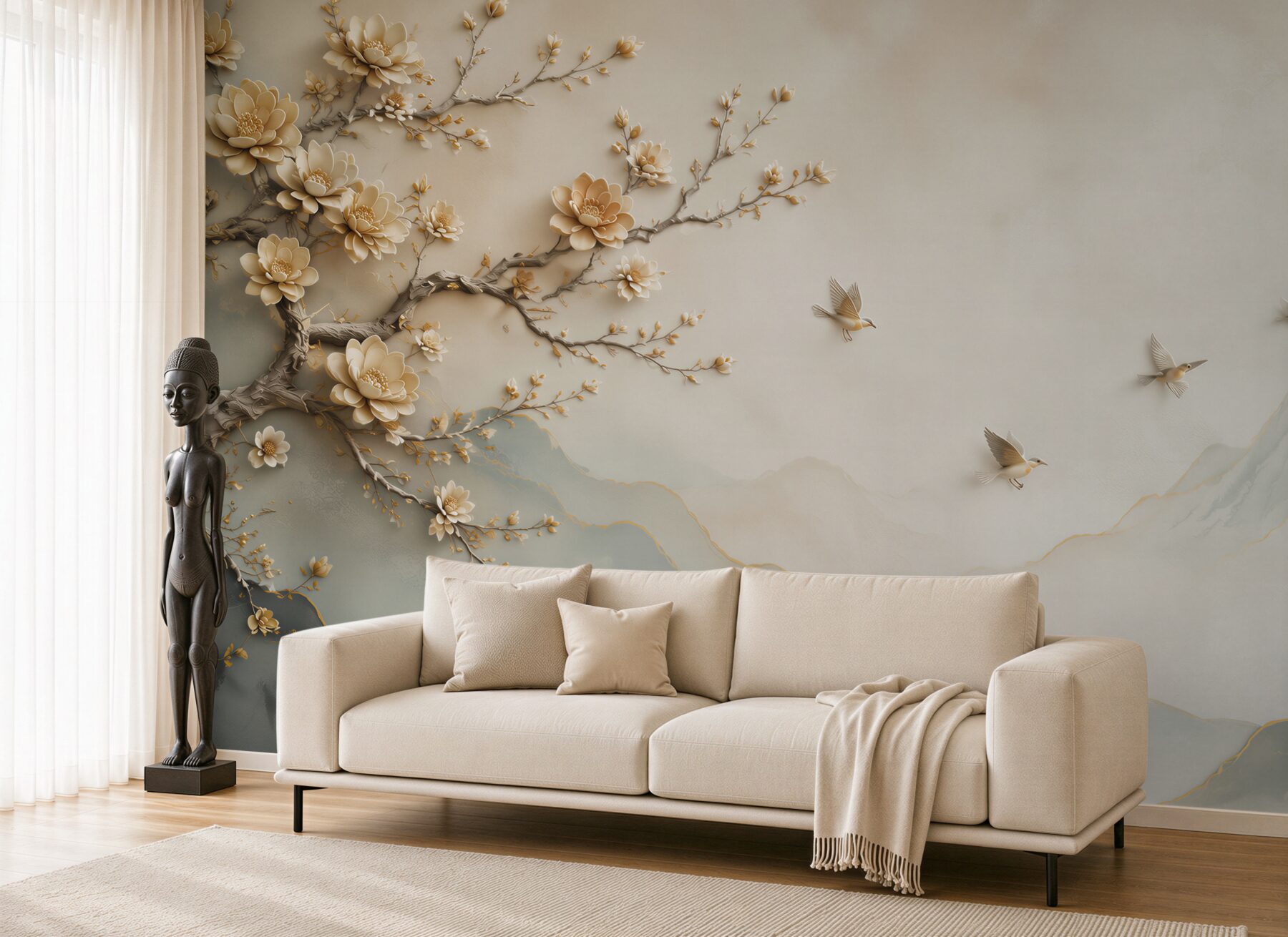 Fototapeta kwitnąca magnolia z ptakami i mglistymi górami w beżowych tonach?v23