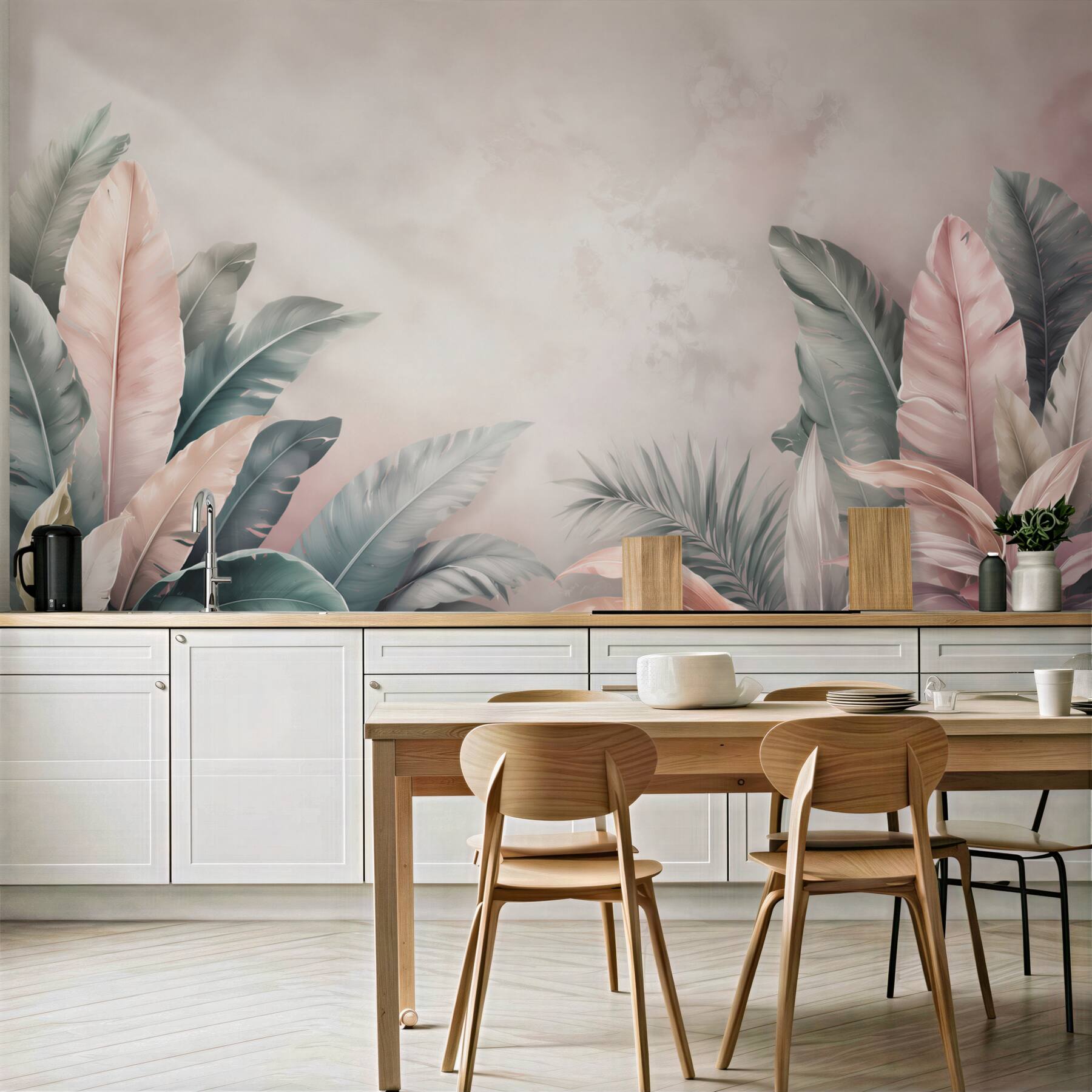 Fototapeta pastelowe liście tropikalne różowo zielone do eleganckiego wnętrza?v23