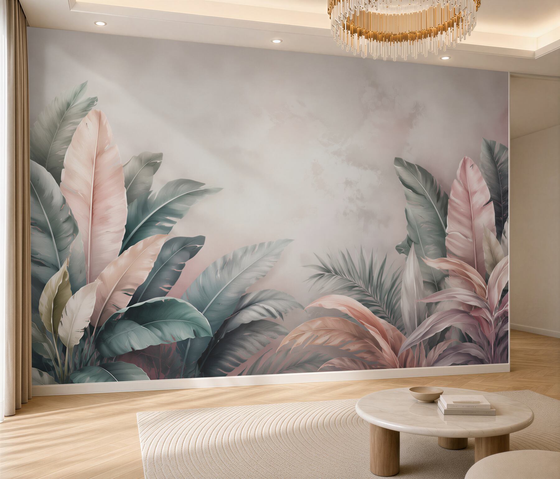 Fototapeta pastelowe liście tropikalne różowo zielone do eleganckiego wnętrza?v23