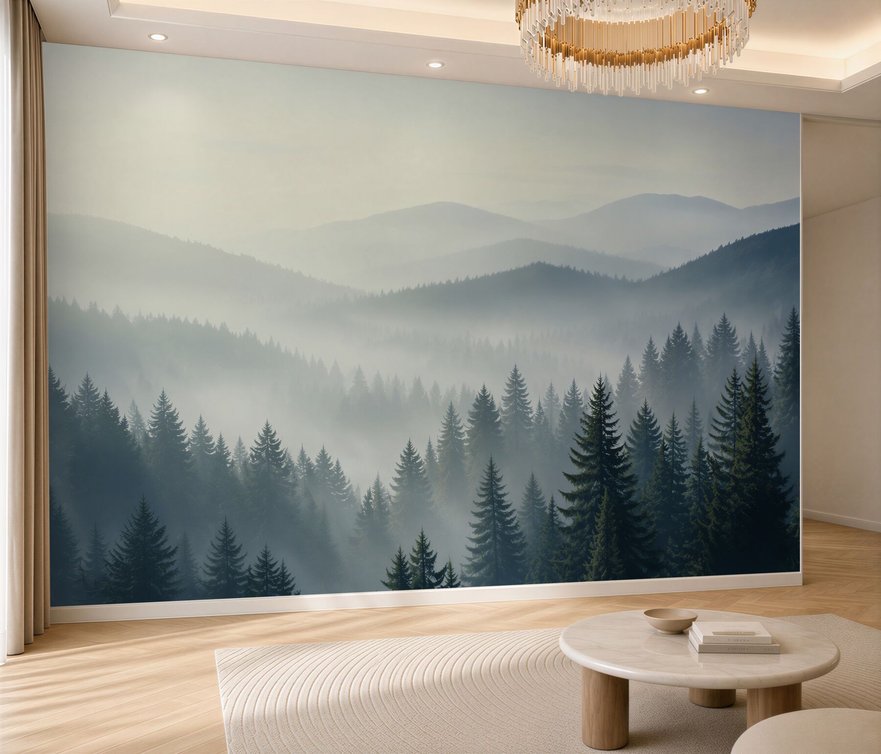 Fototapeta iglasty las we mgle z górskim pejzażem o świcie?v23