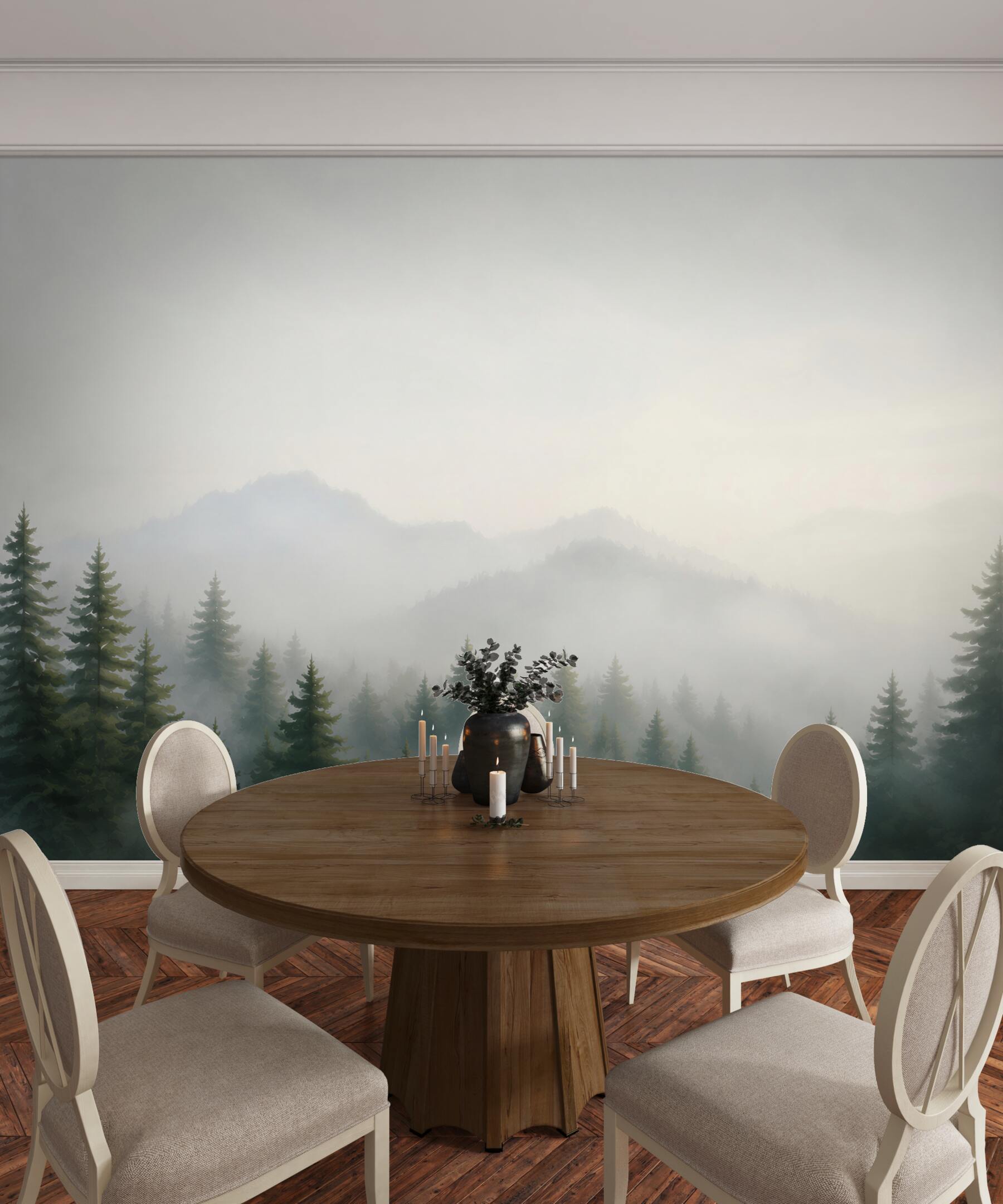 Fototapeta sosnowy las we mgle z górami jasny minimalistyczny pejzaż?v23