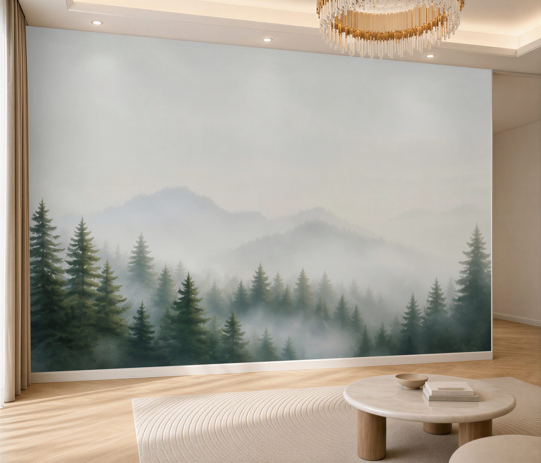 Fototapeta sosnowy las we mgle z górami jasny minimalistyczny pejzaż?v23