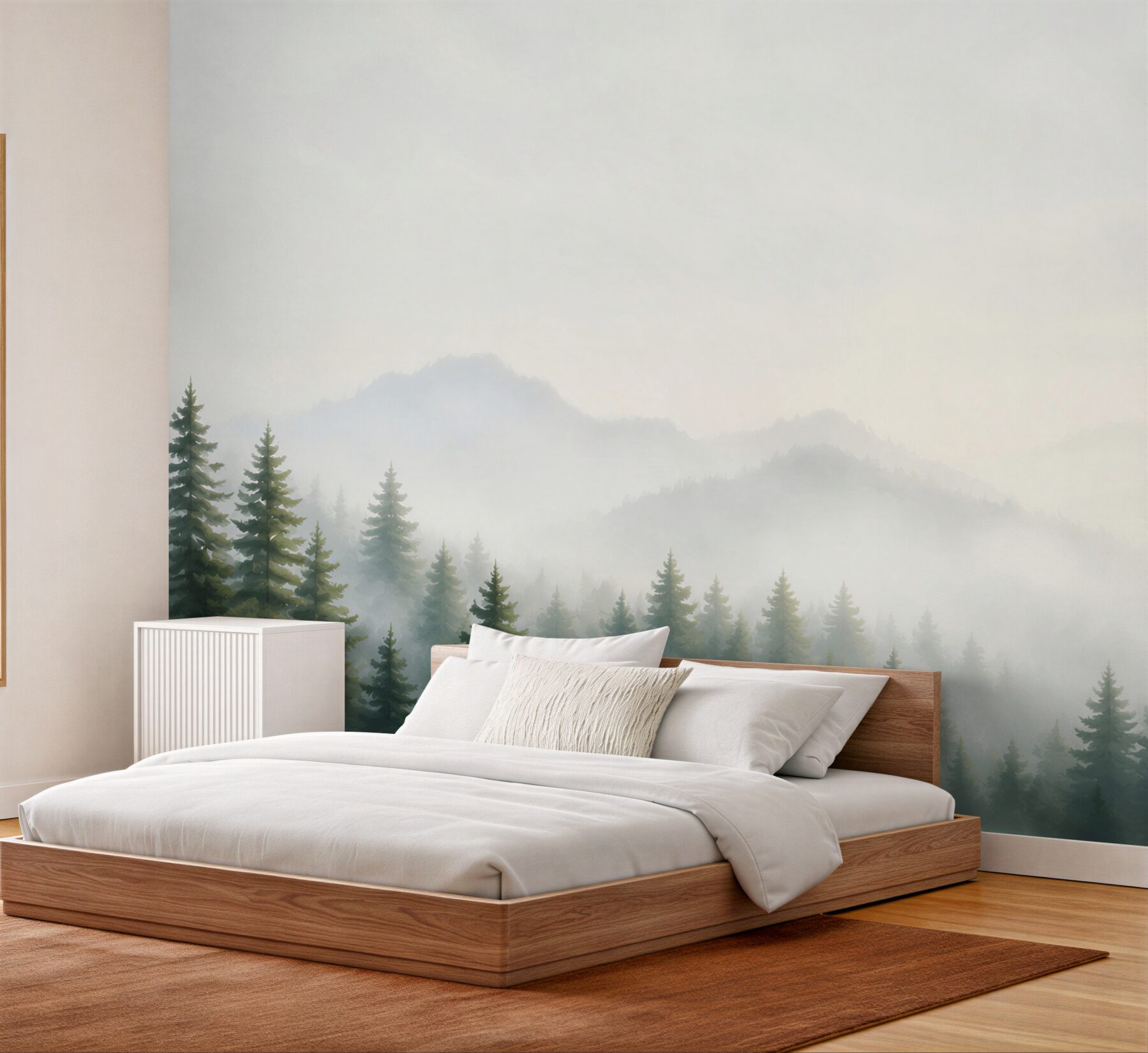 Fototapeta sosnowy las we mgle z górami jasny minimalistyczny pejzaż?v23