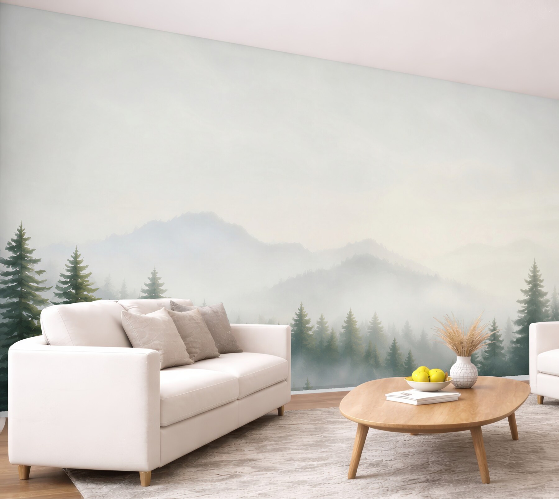 Fototapeta sosnowy las we mgle z górami jasny minimalistyczny pejzaż?v23
