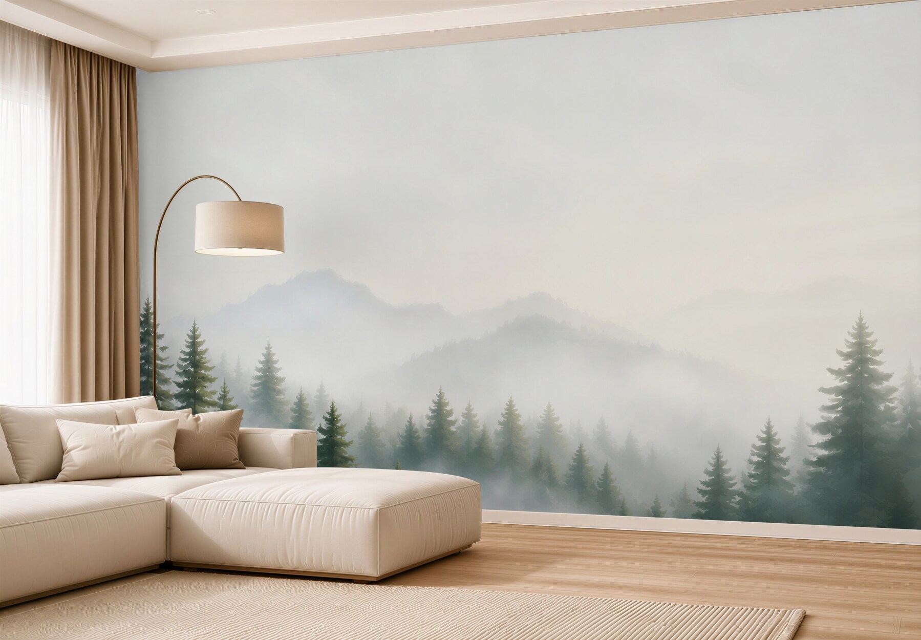 Fototapeta sosnowy las we mgle z górami jasny minimalistyczny pejzaż?v23