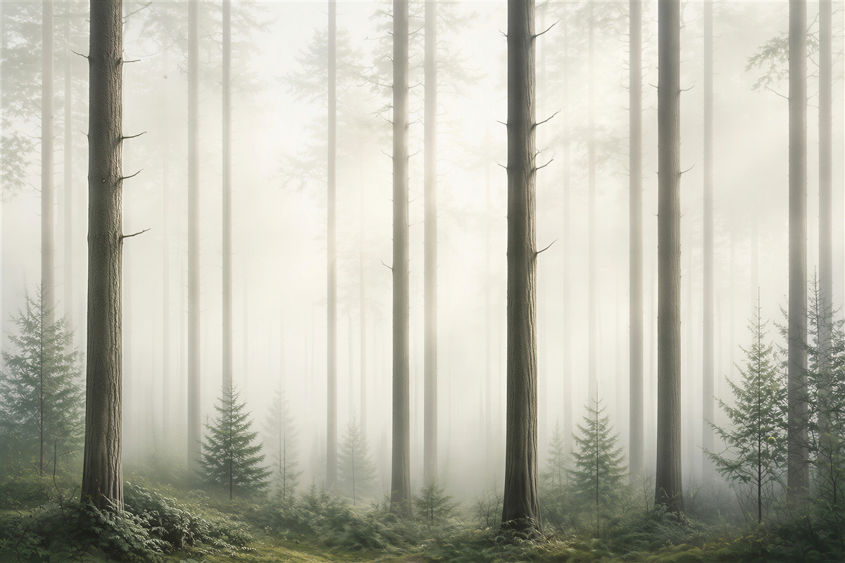 Fototapeta mistyczny las sosnowy we mgle jasny naturalny krajobraz