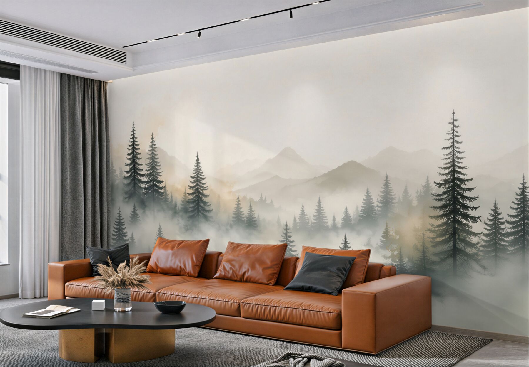 Fototapeta sosnowy las we mgle z górami w tle?v23