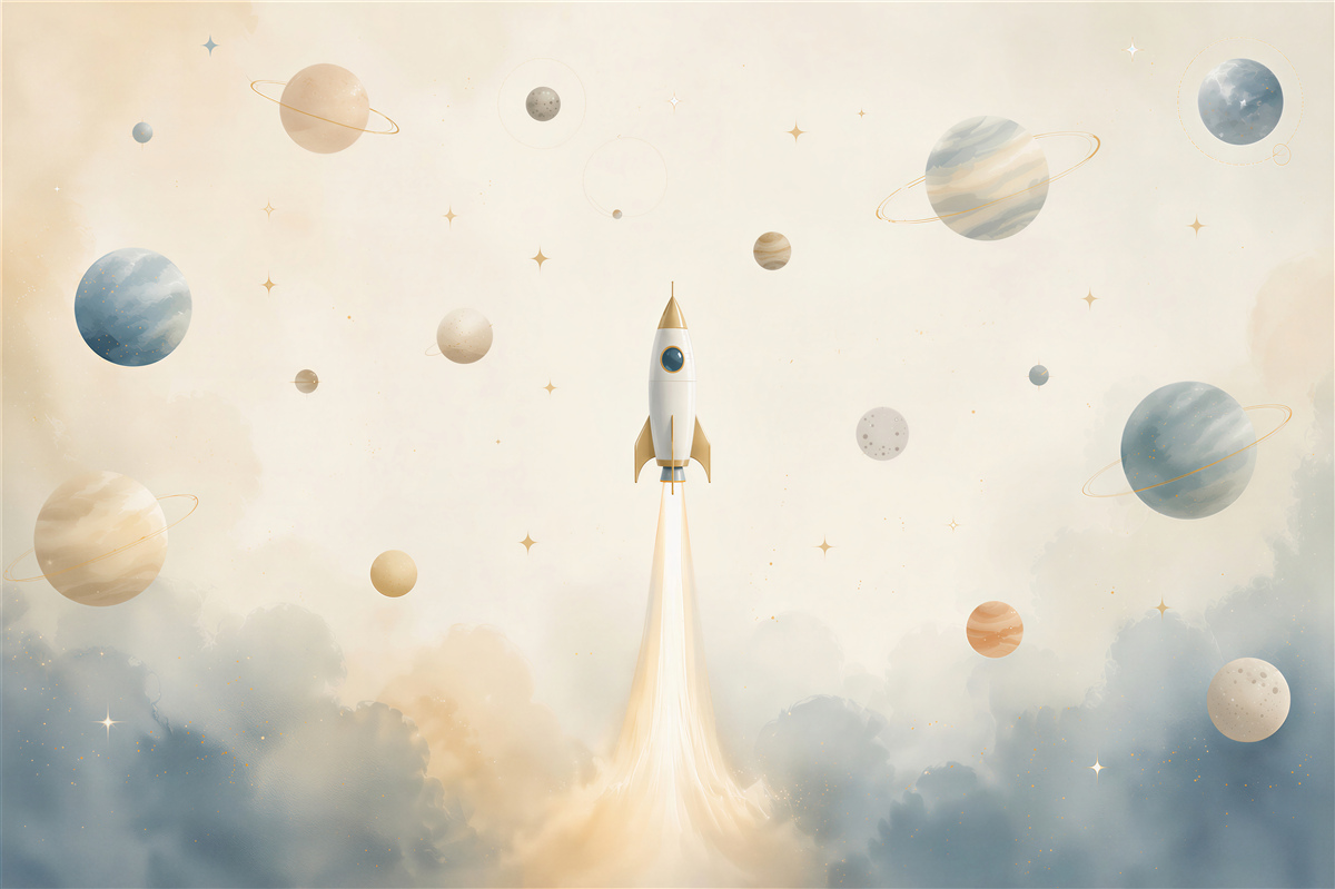 Fototapeta Rakieta otoczona różnymi planetami