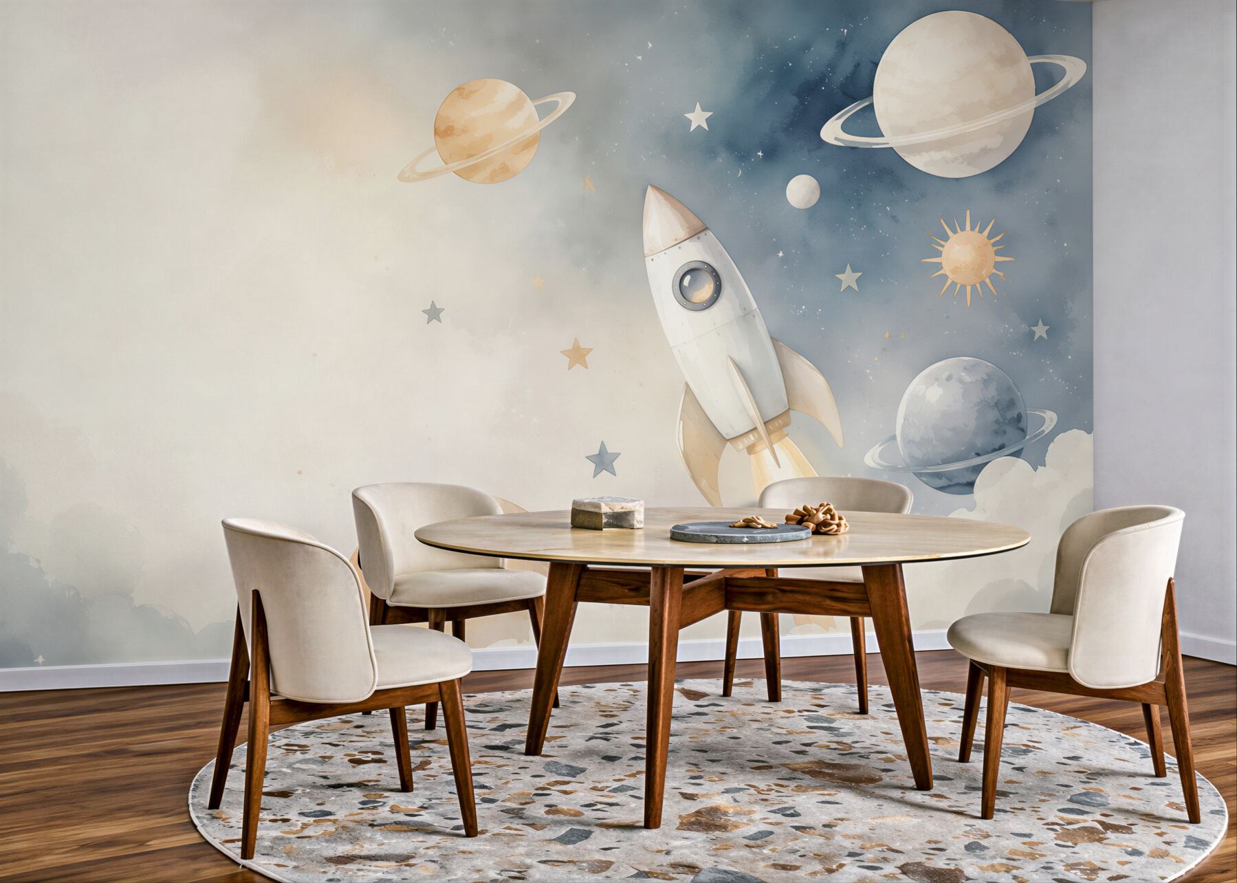 Fototapeta rakieta wśród planet i gwiazd pastelowa dla dzieci?v23