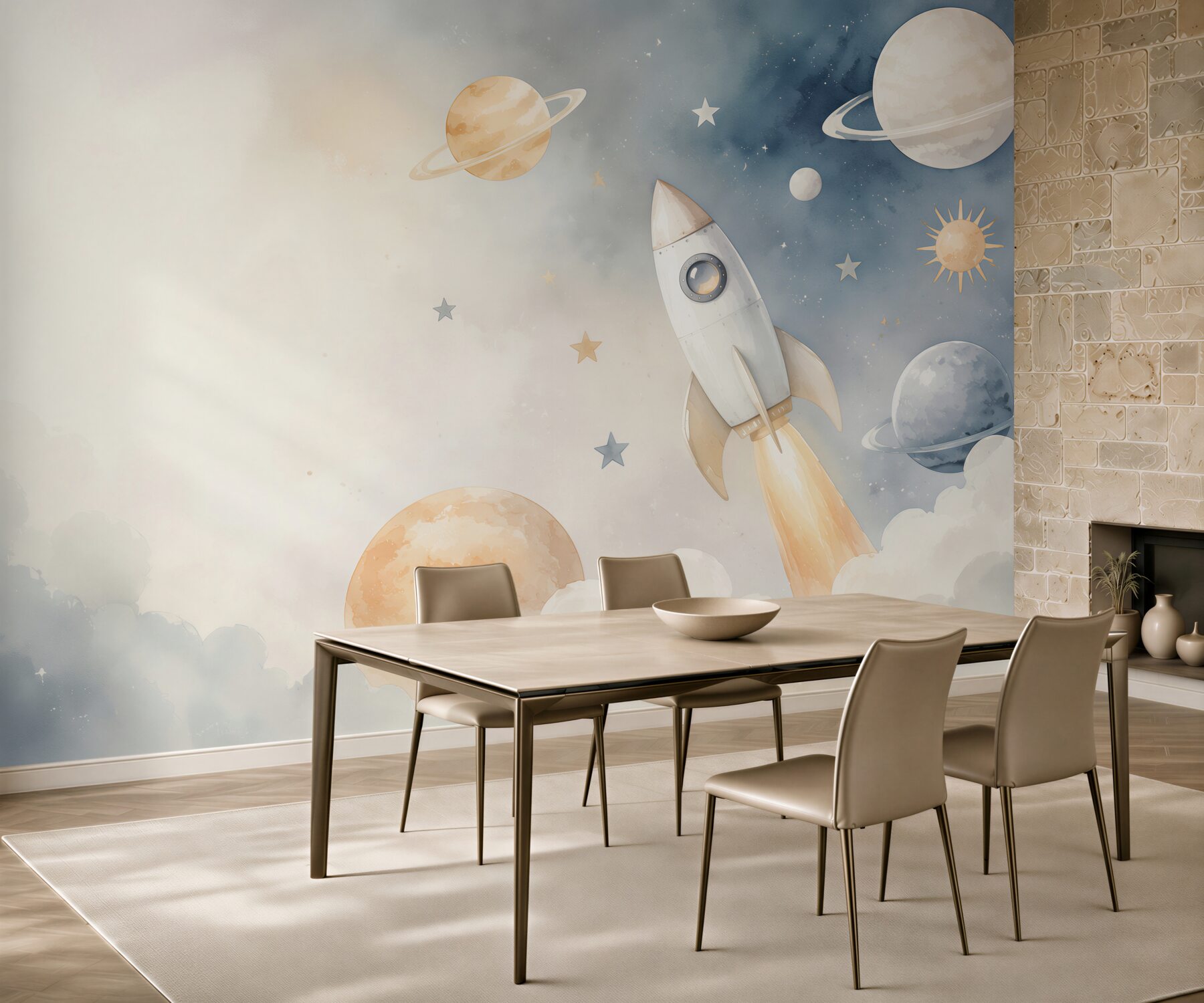 Fototapeta rakieta wśród planet i gwiazd pastelowa dla dzieci?v23
