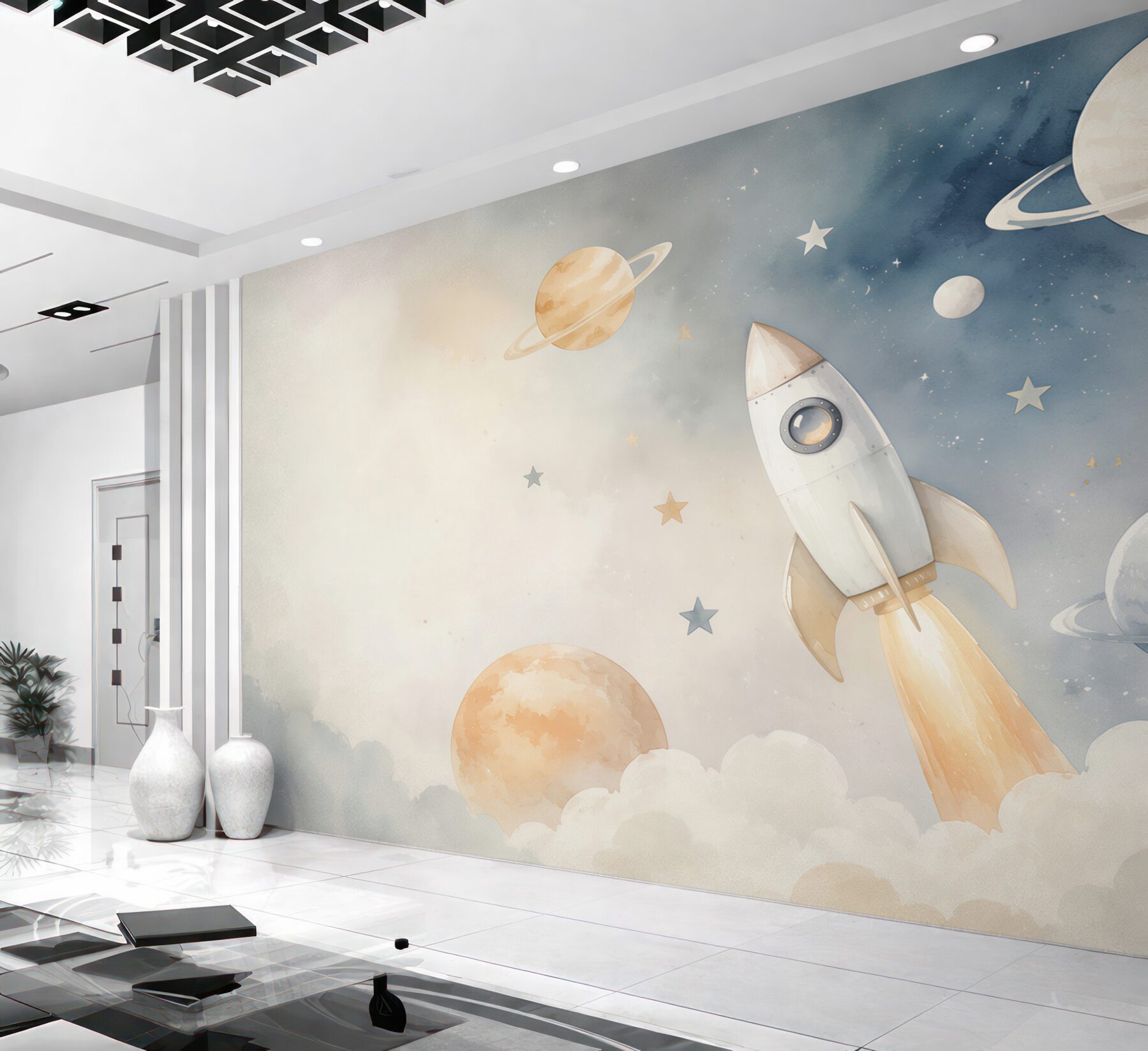 Fototapeta rakieta wśród planet i gwiazd pastelowa dla dzieci?v23