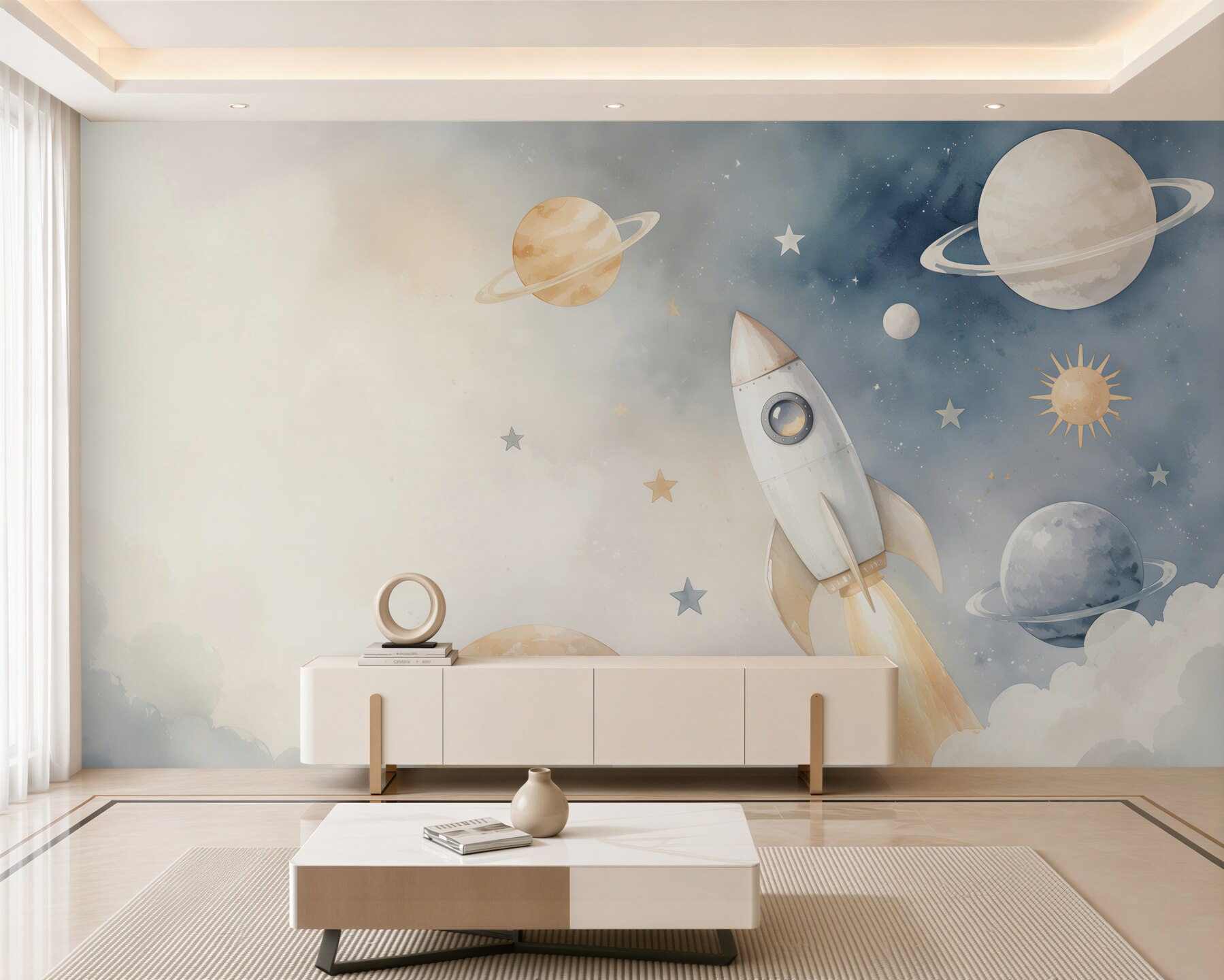 Fototapeta rakieta wśród planet i gwiazd pastelowa dla dzieci?v23