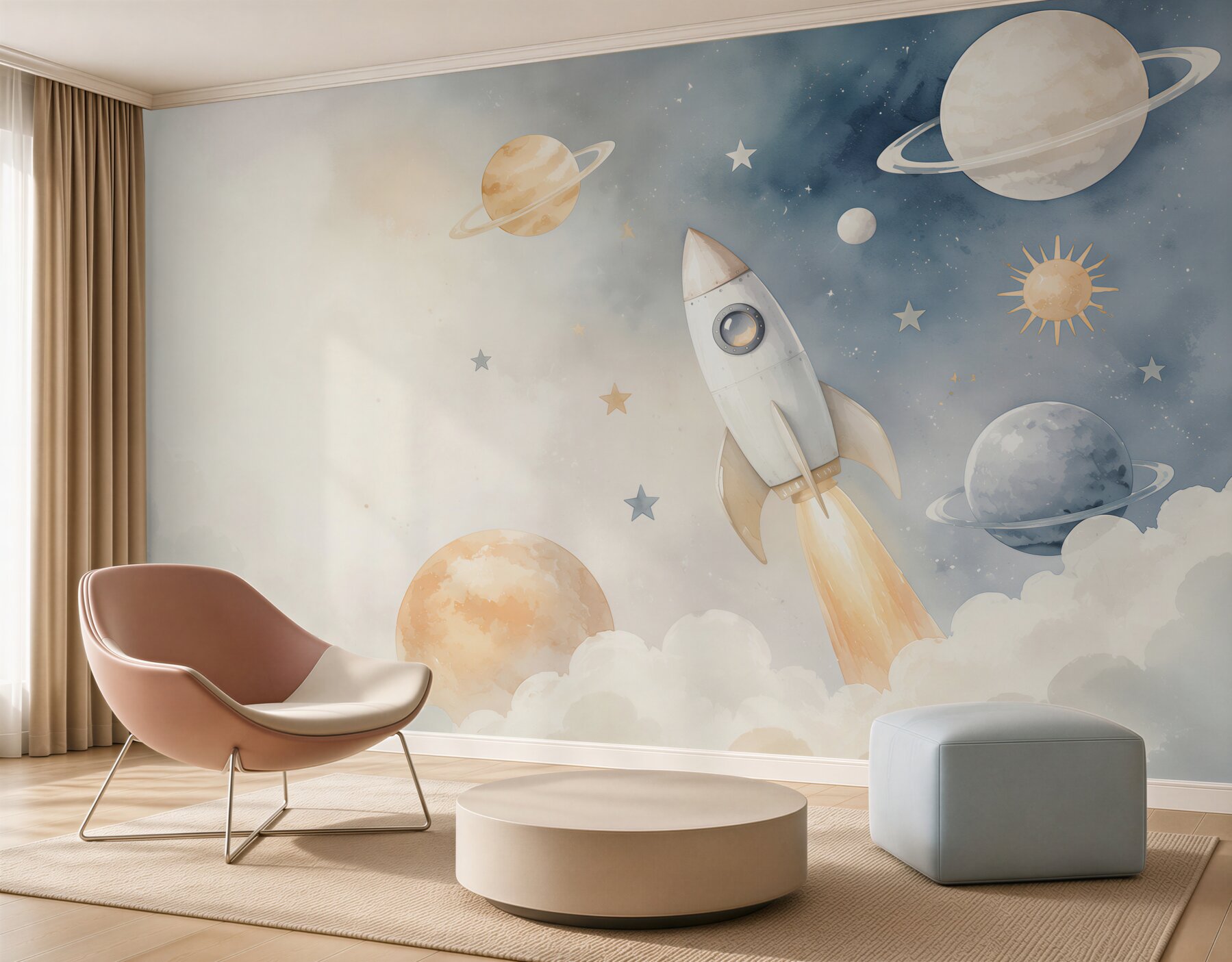 Fototapeta rakieta wśród planet i gwiazd pastelowa dla dzieci?v23