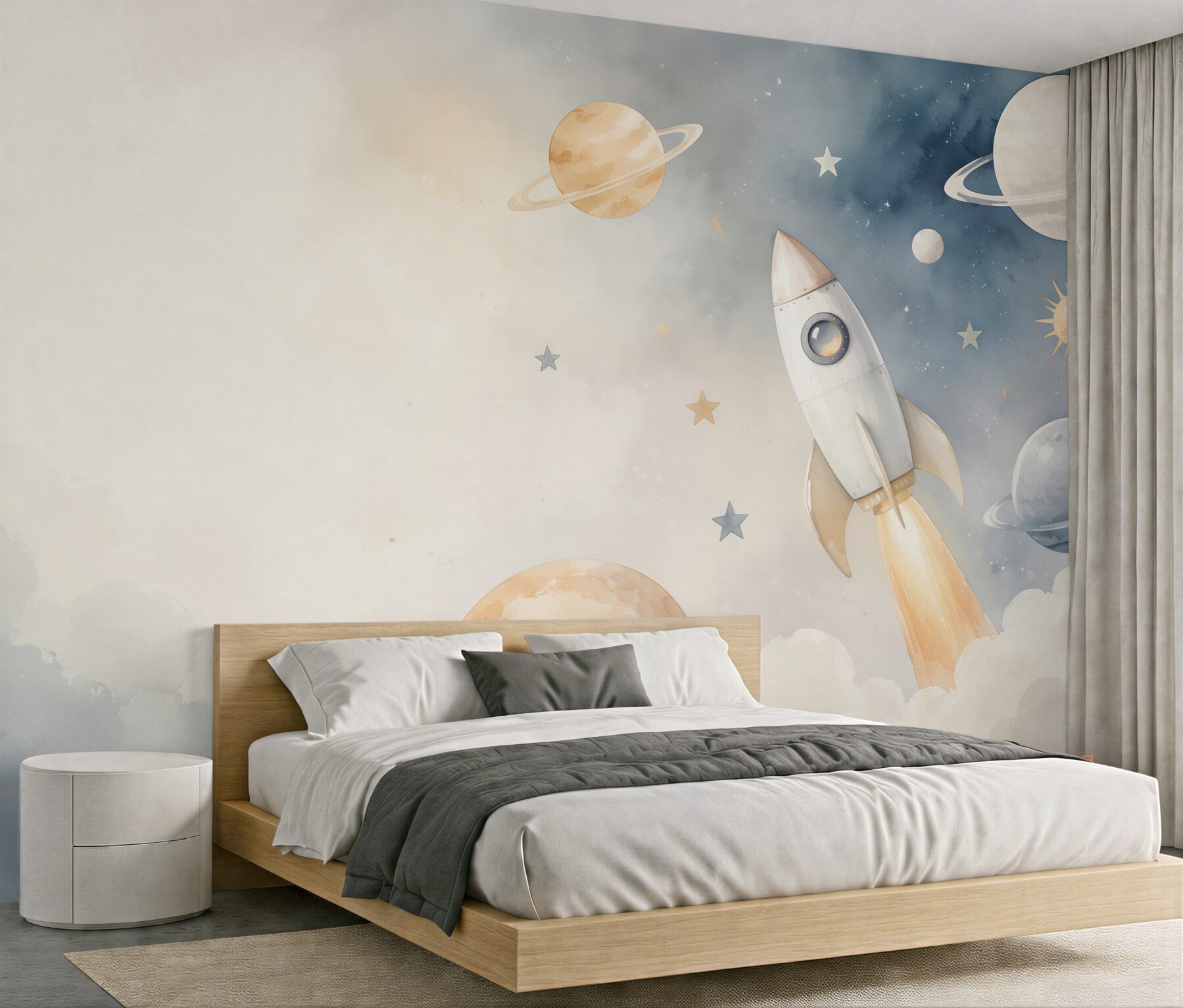 Fototapeta rakieta wśród planet i gwiazd pastelowa dla dzieci?v23