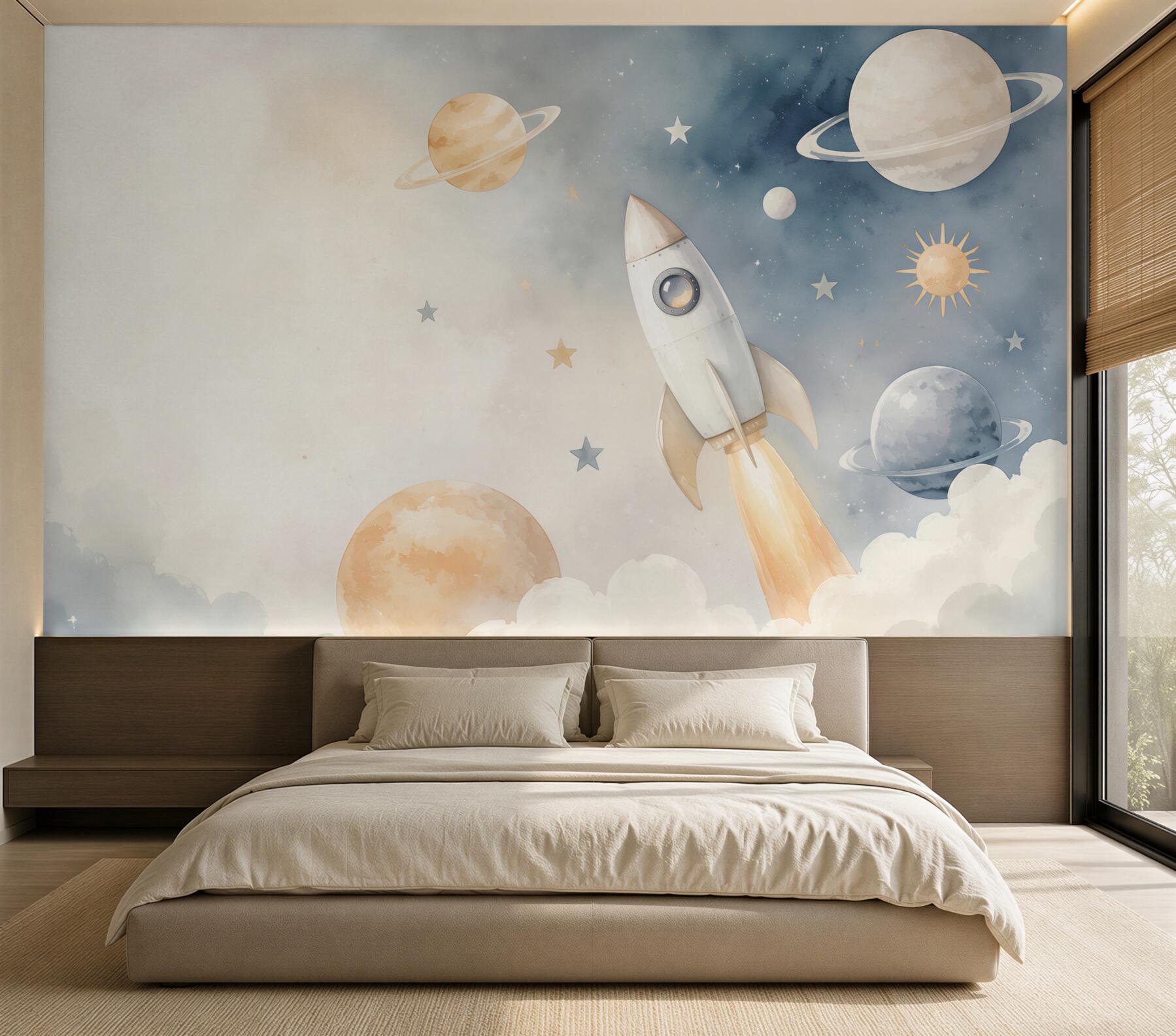 Fototapeta rakieta wśród planet i gwiazd pastelowa dla dzieci