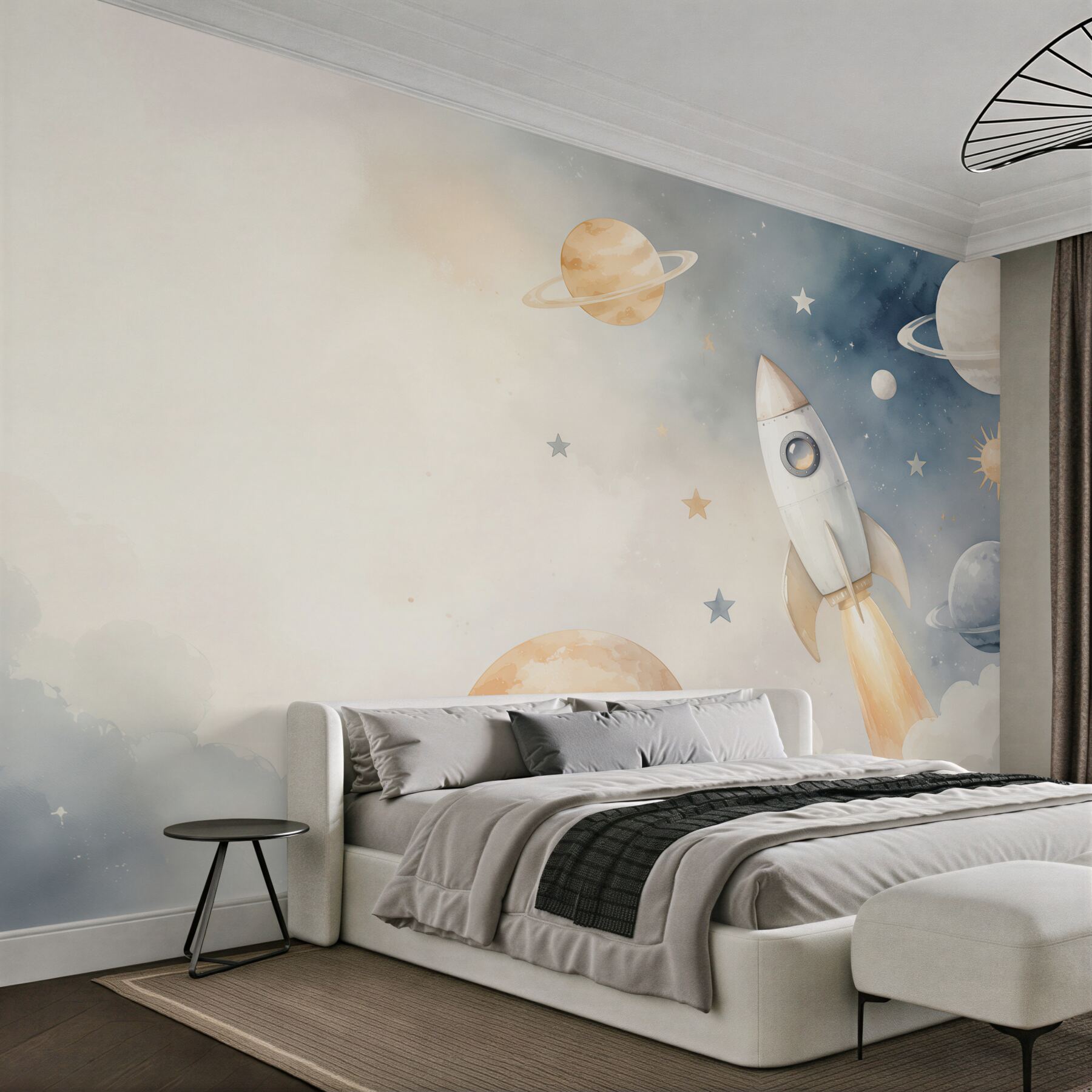 Fototapeta rakieta wśród planet i gwiazd pastelowa dla dzieci?v23