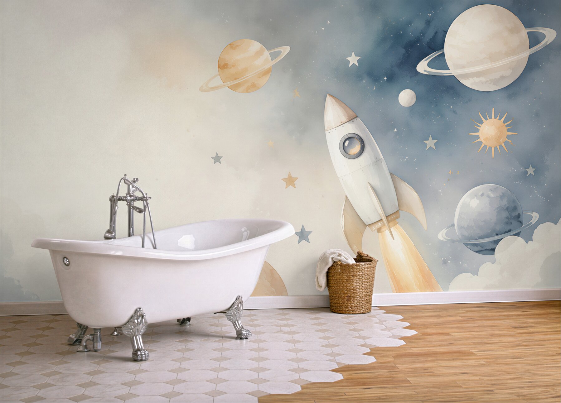 Fototapeta rakieta wśród planet i gwiazd pastelowa dla dzieci?v23