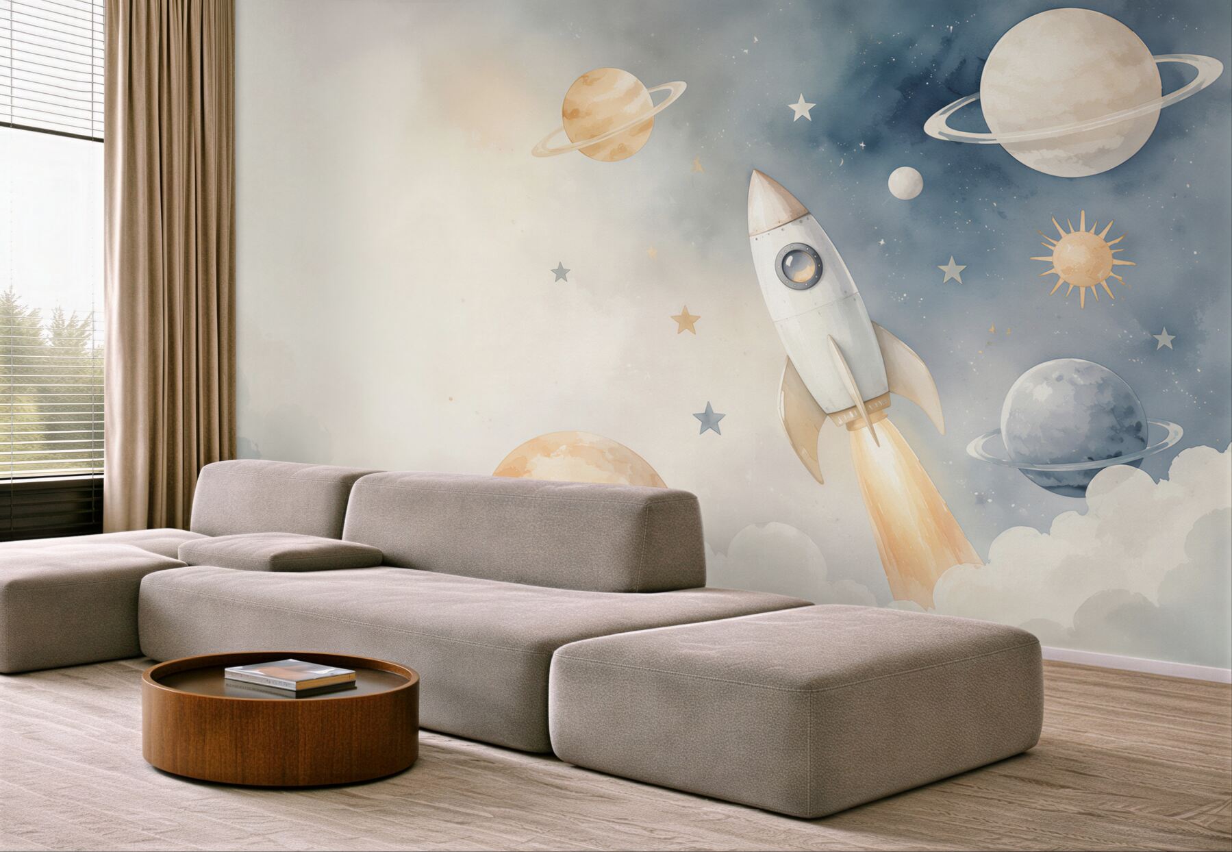 Fototapeta rakieta wśród planet i gwiazd pastelowa dla dzieci?v23