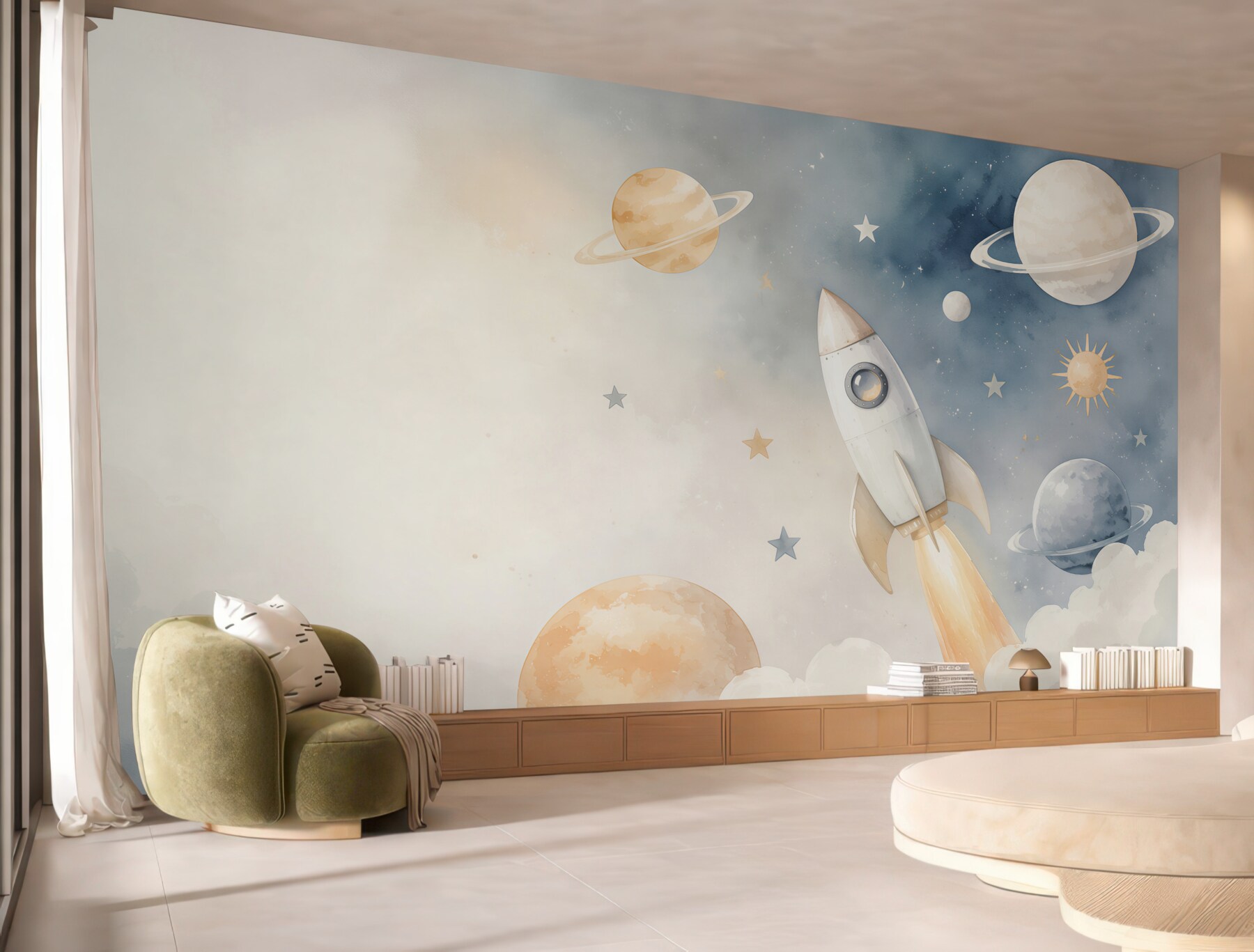 Fototapeta rakieta wśród planet i gwiazd pastelowa dla dzieci?v23