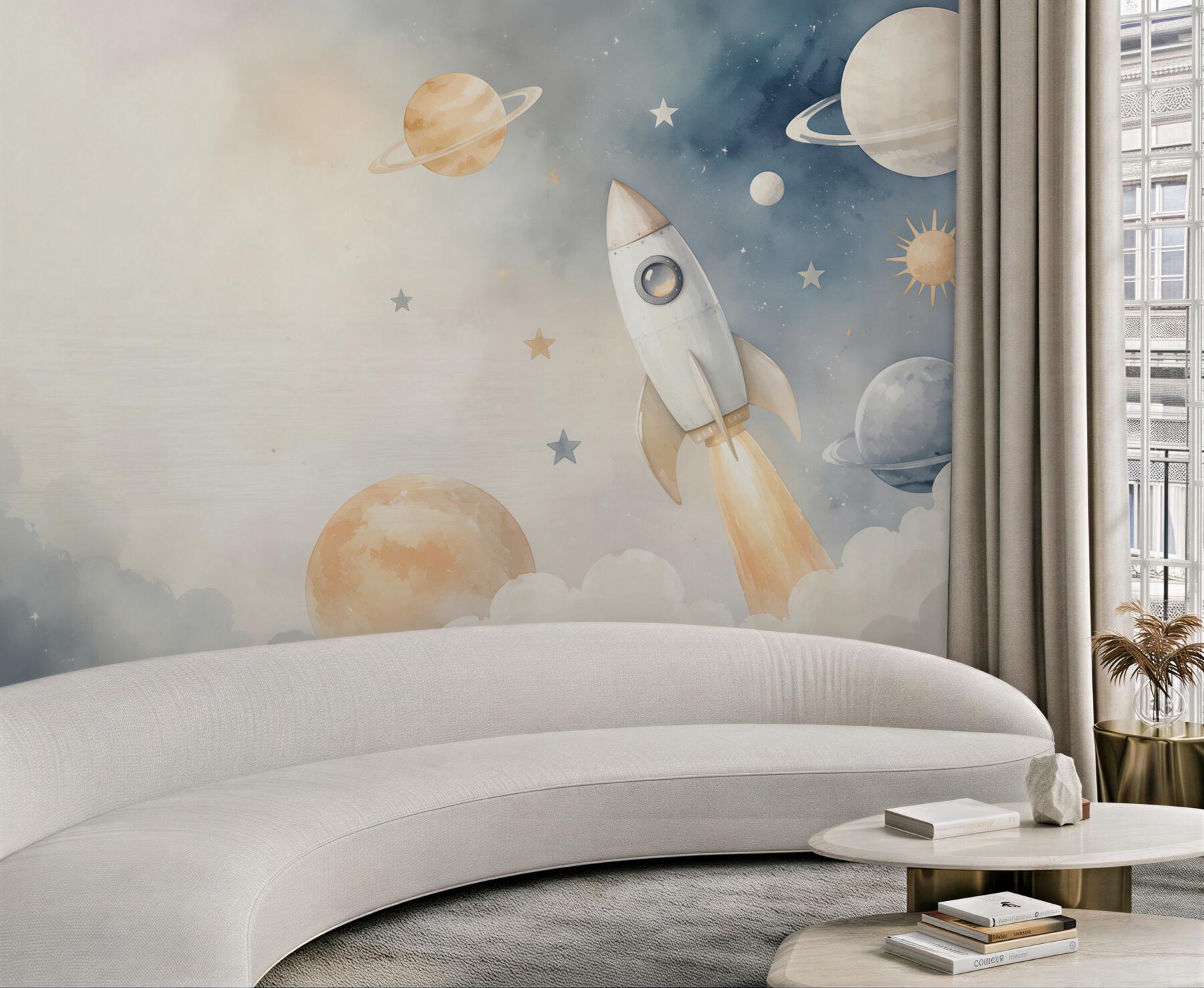 Fototapeta rakieta wśród planet i gwiazd pastelowa dla dzieci?v23