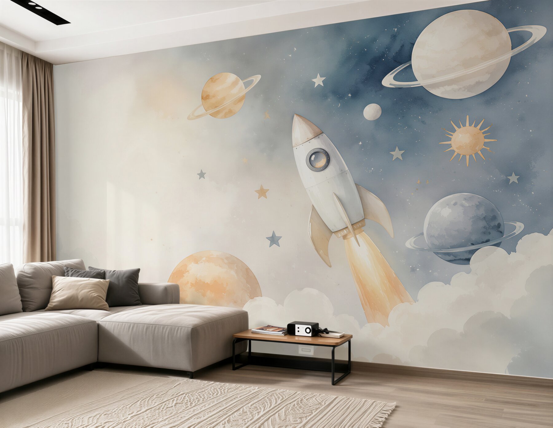 Fototapeta rakieta wśród planet i gwiazd pastelowa dla dzieci?v23